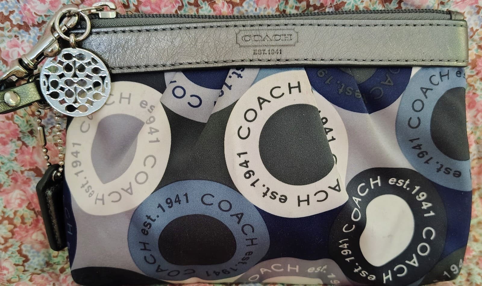 Coach Blue Gray Logo Wristlet Silver Leather And Charm - Thumbnail 3