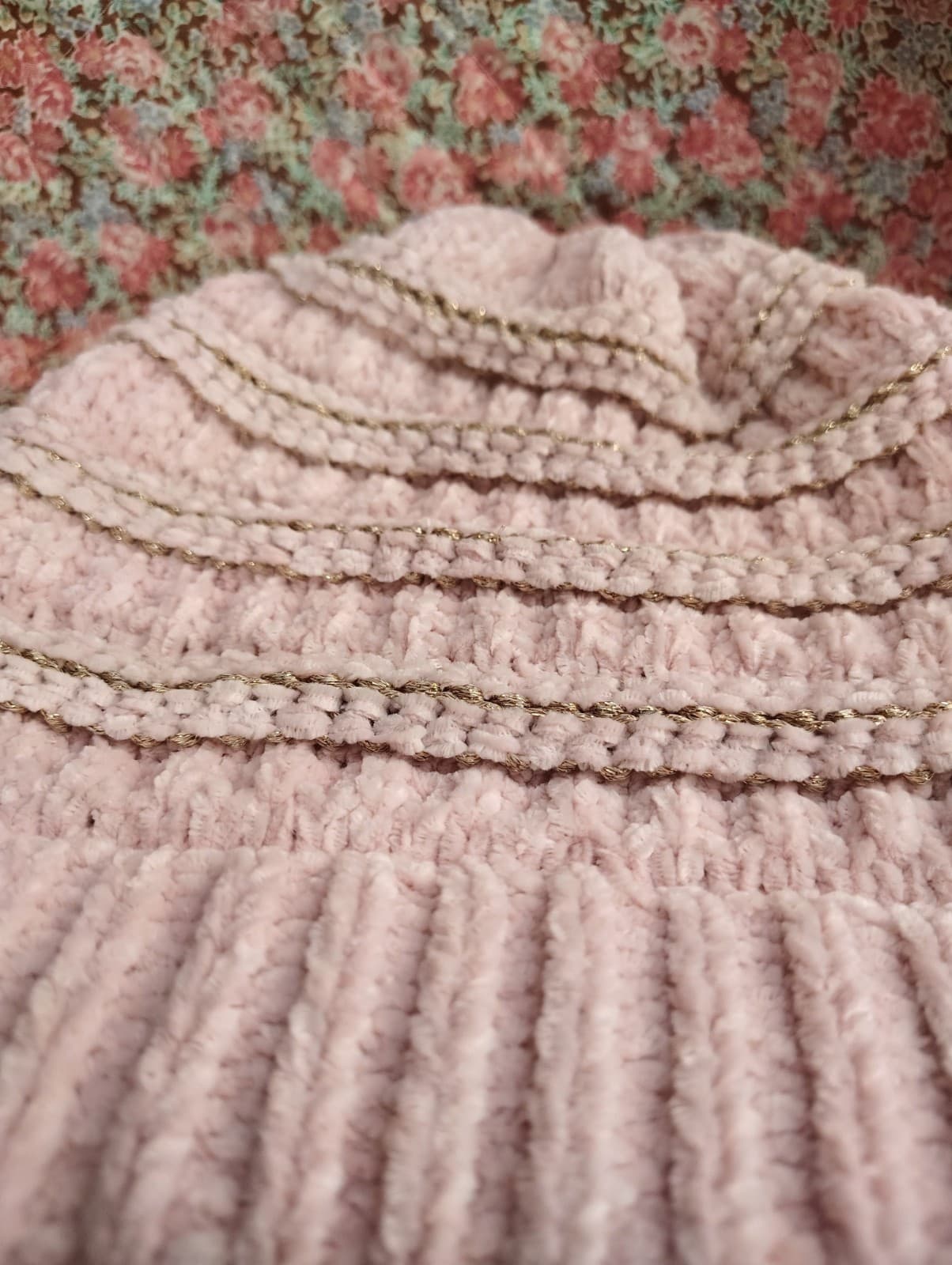 Knitted Pink Rose And Gold Beanie Hat - Thumbnail 3