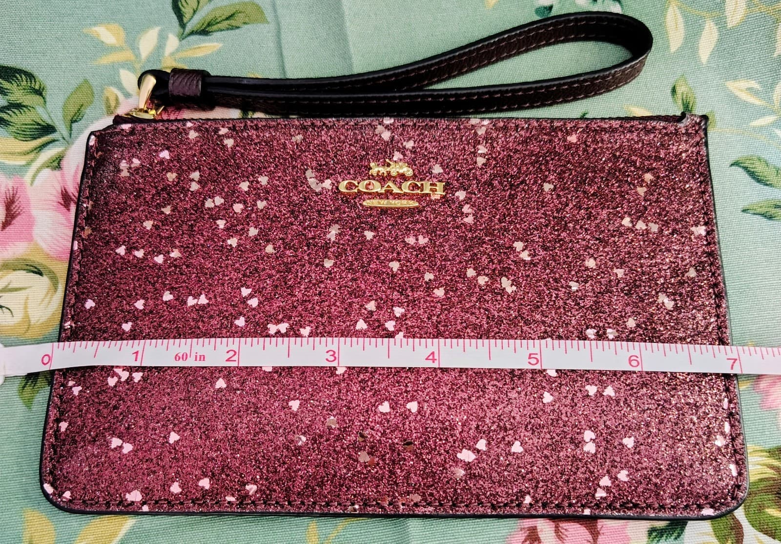 Coach Glitter Heart Wristlet Pouch Burgundy Metallic Zip Clutch MSRP $85 - Thumbnail 11