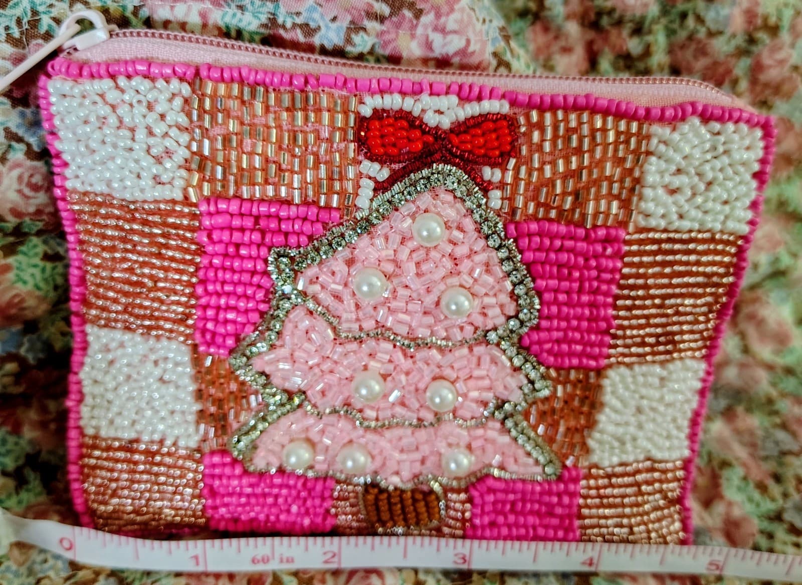 Pretty In Pink Christmas Tree Beaded Coin Pouch - Thumbnail 11