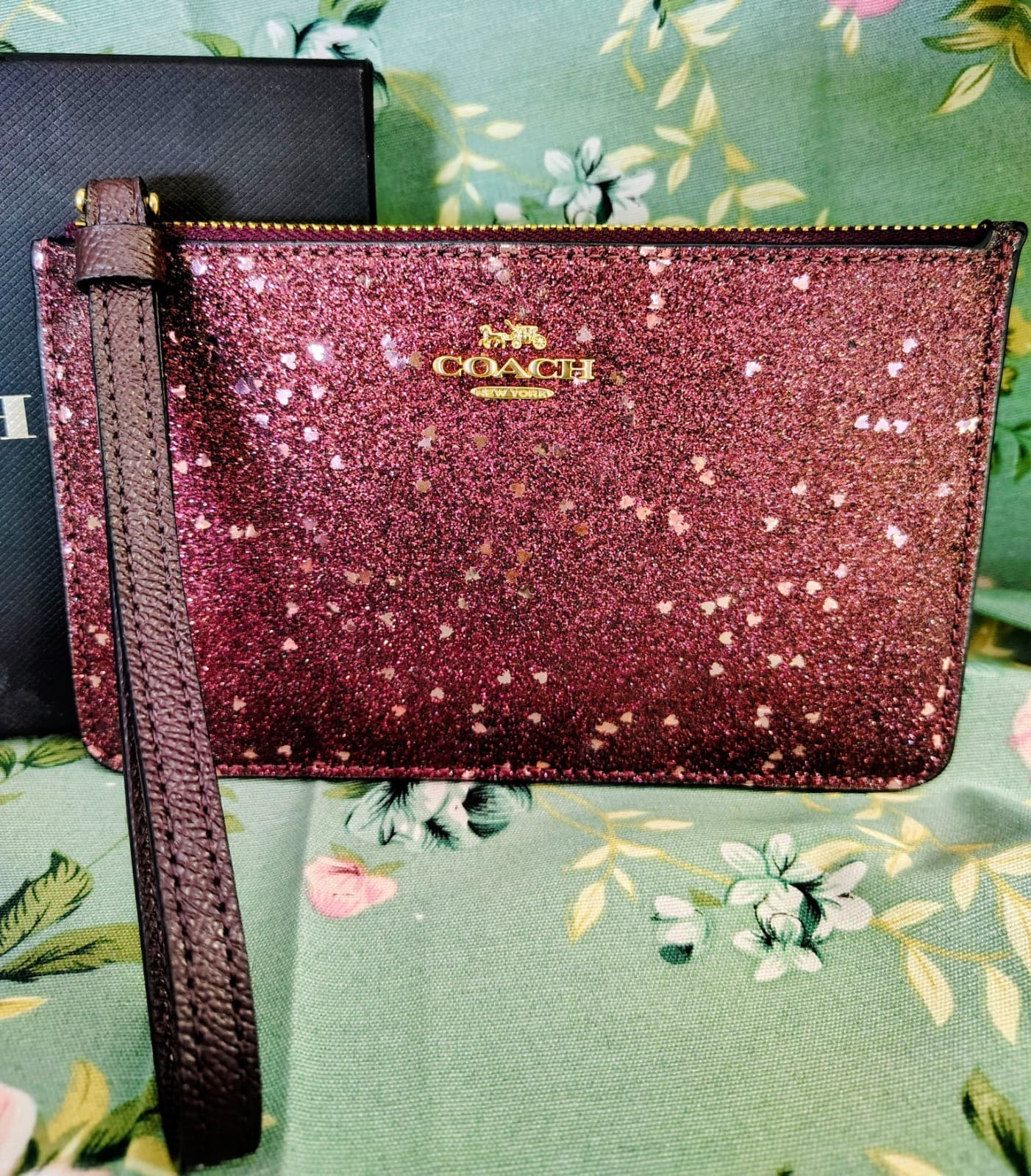 Coach Glitter Heart Wristlet Pouch Burgundy Metallic Zip Clutch MSRP $85 - Thumbnail 3