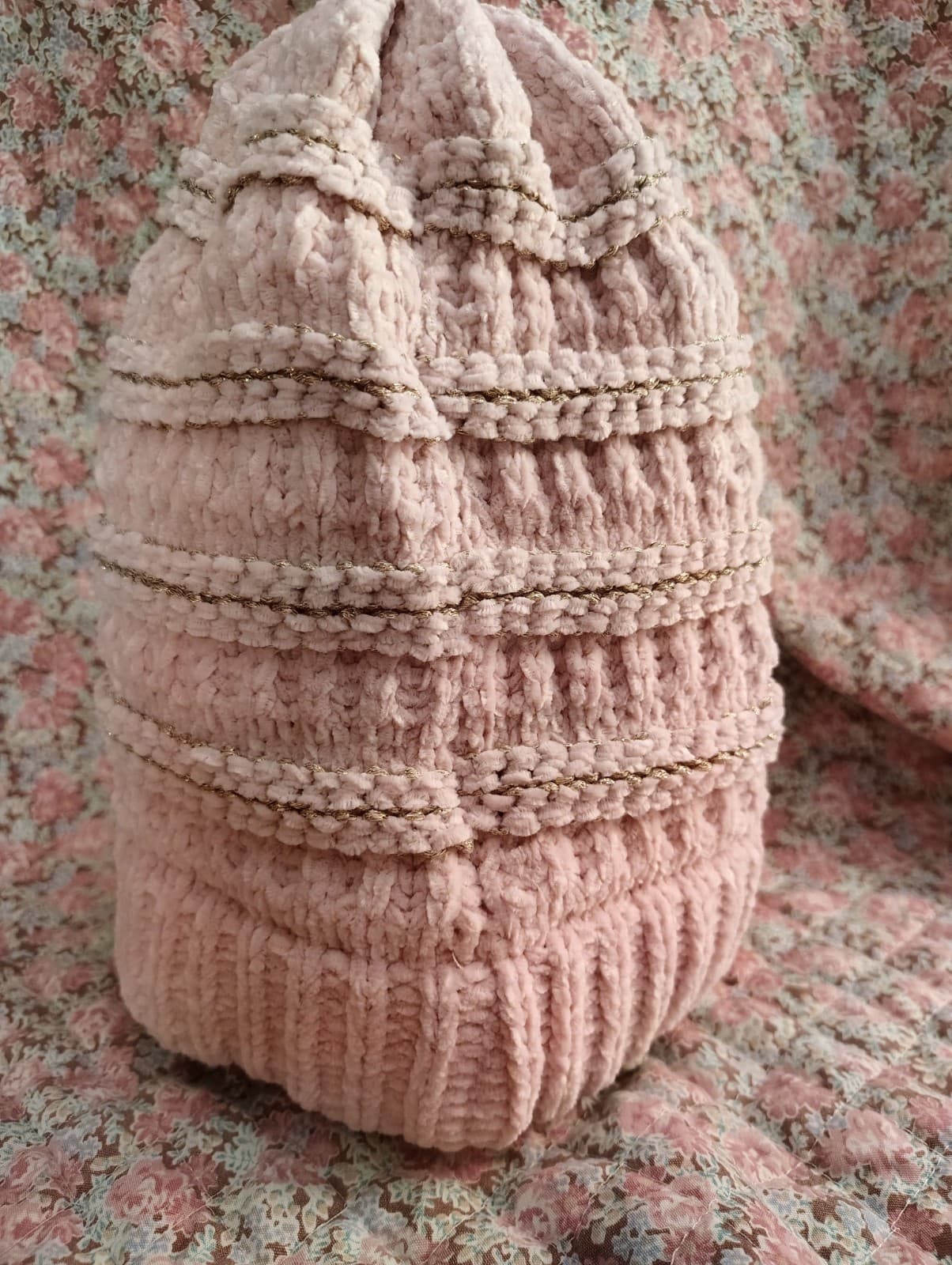 Knitted Pink Rose And Gold Beanie Hat - Thumbnail 5