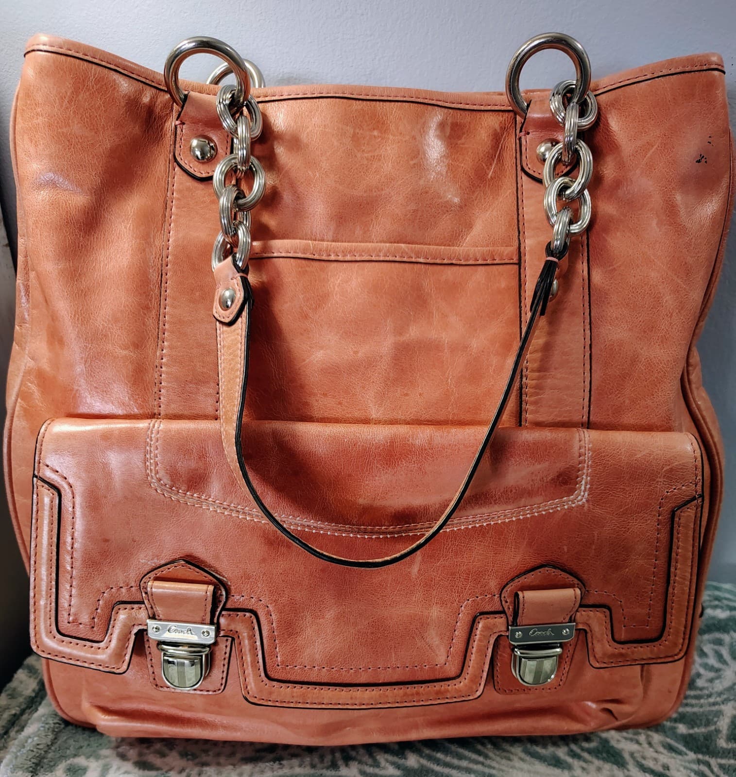 COACH Poppy Camellia Crinkled Leather Tote Satchel Antique Rose MSRP $398 - Thumbnail 23