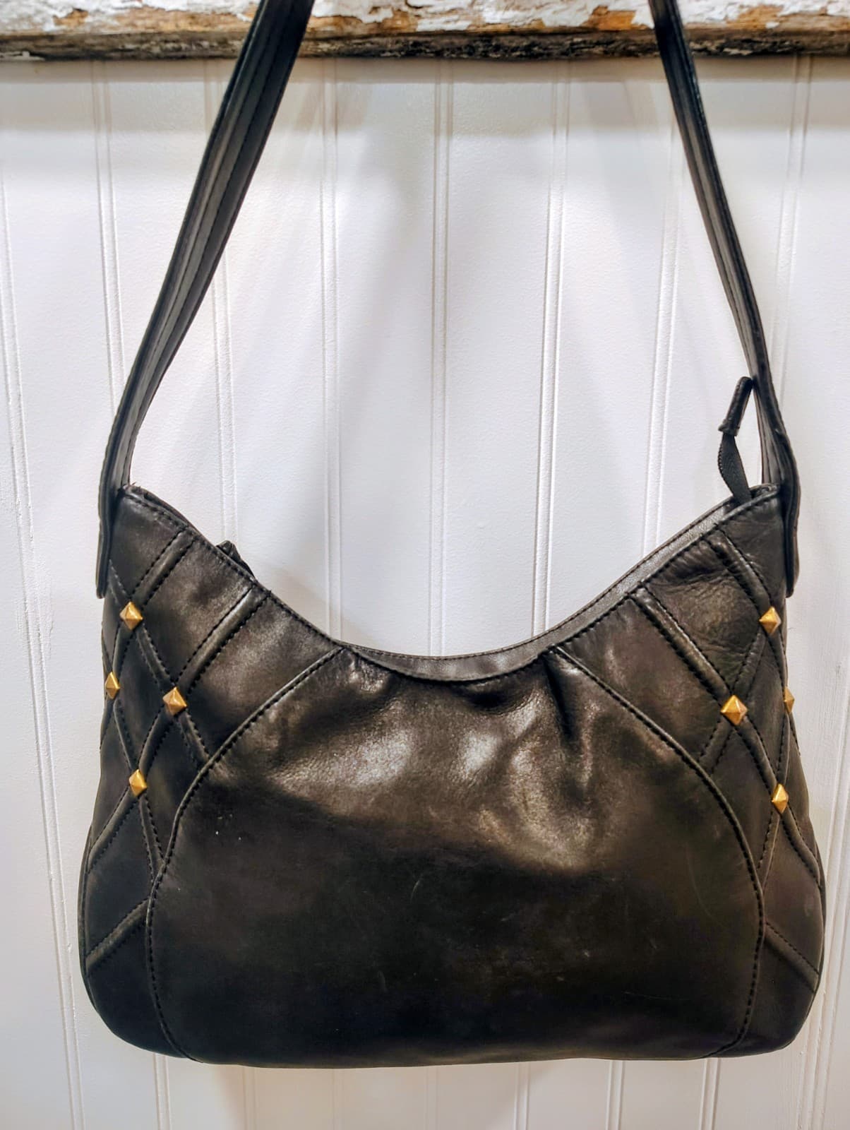 Stone Mountain Black Leather Hobo Shoulder Bag, Butterfly Logo, Studded, EUC - Thumbnail 11