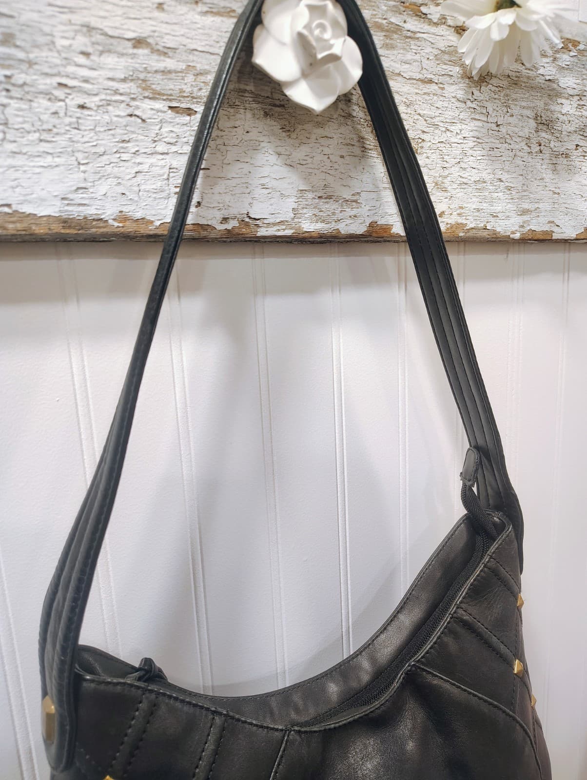 Stone Mountain Black Leather Hobo Shoulder Bag, Butterfly Logo, Studded, EUC - Thumbnail 15