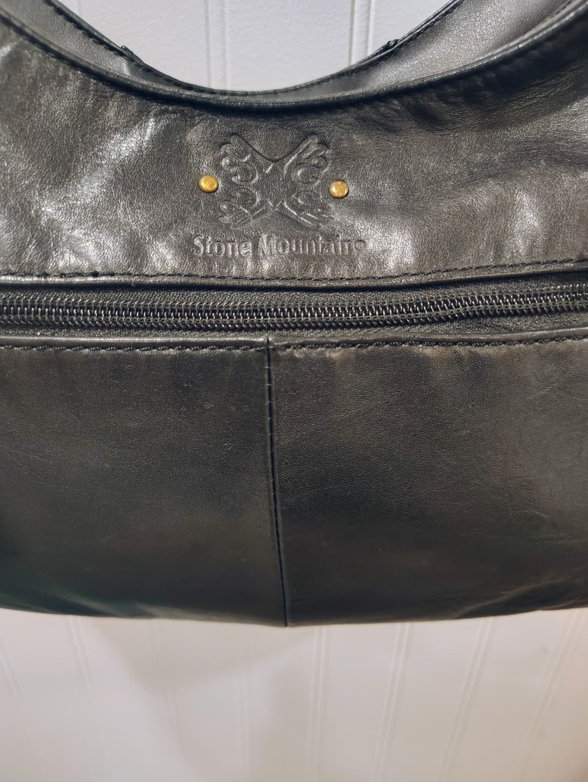 Stone Mountain Black Leather Hobo Shoulder Bag, Butterfly Logo, Studded, EUC - Thumbnail 8