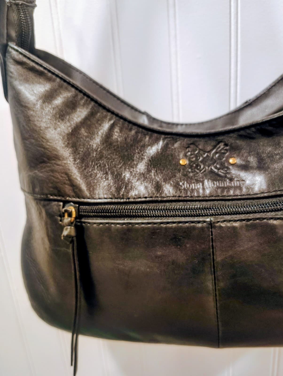 Stone Mountain Black Leather Hobo Shoulder Bag, Butterfly Logo, Studded, EUC - Thumbnail 9