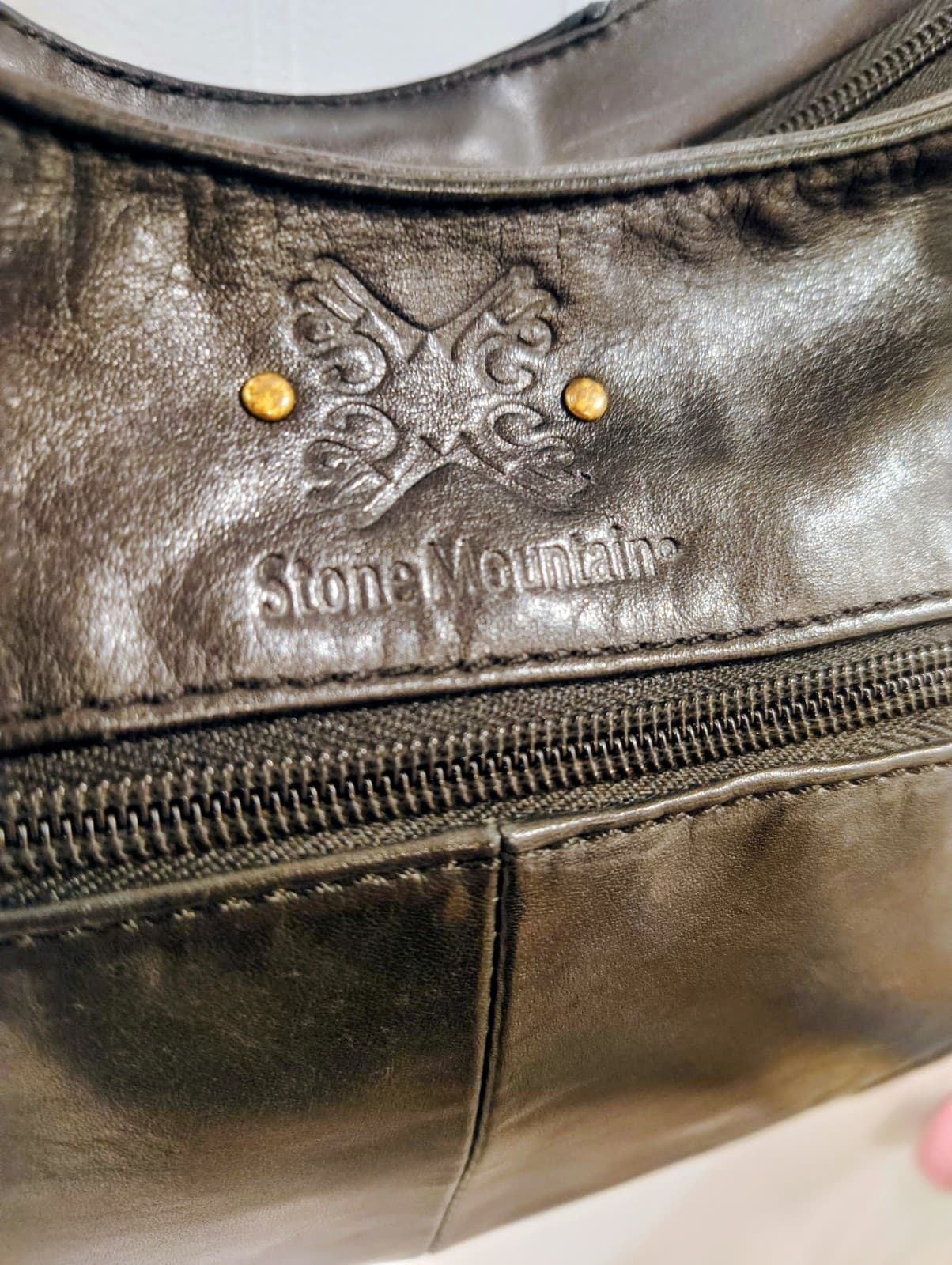 Stone Mountain Black Leather Hobo Shoulder Bag, Butterfly Logo, Studded, EUC - Thumbnail 16
