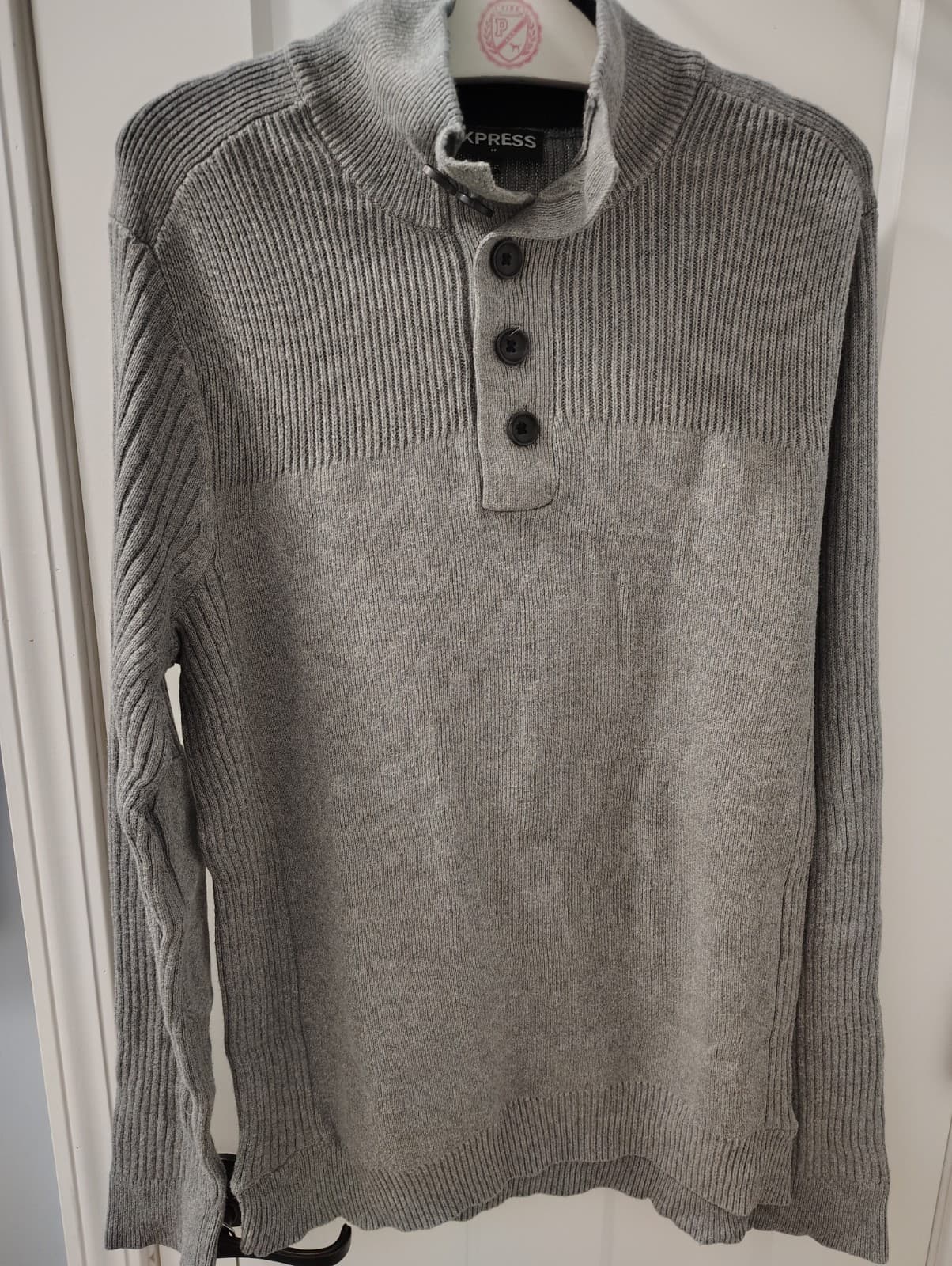 Express Mens Light Gray Button-Front Sweater Collared Knit Pullover Sz M - Thumbnail 4