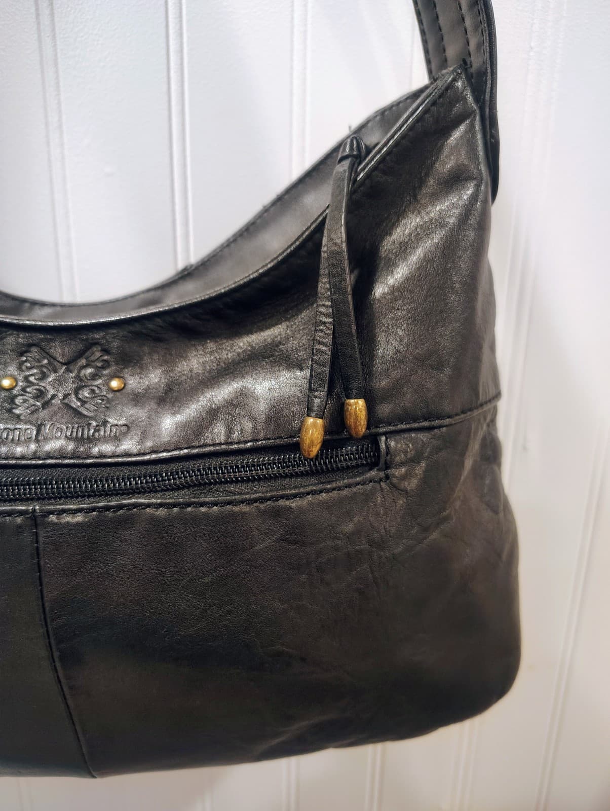 Stone Mountain Black Leather Hobo Shoulder Bag, Butterfly Logo, Studded, EUC - Thumbnail 4
