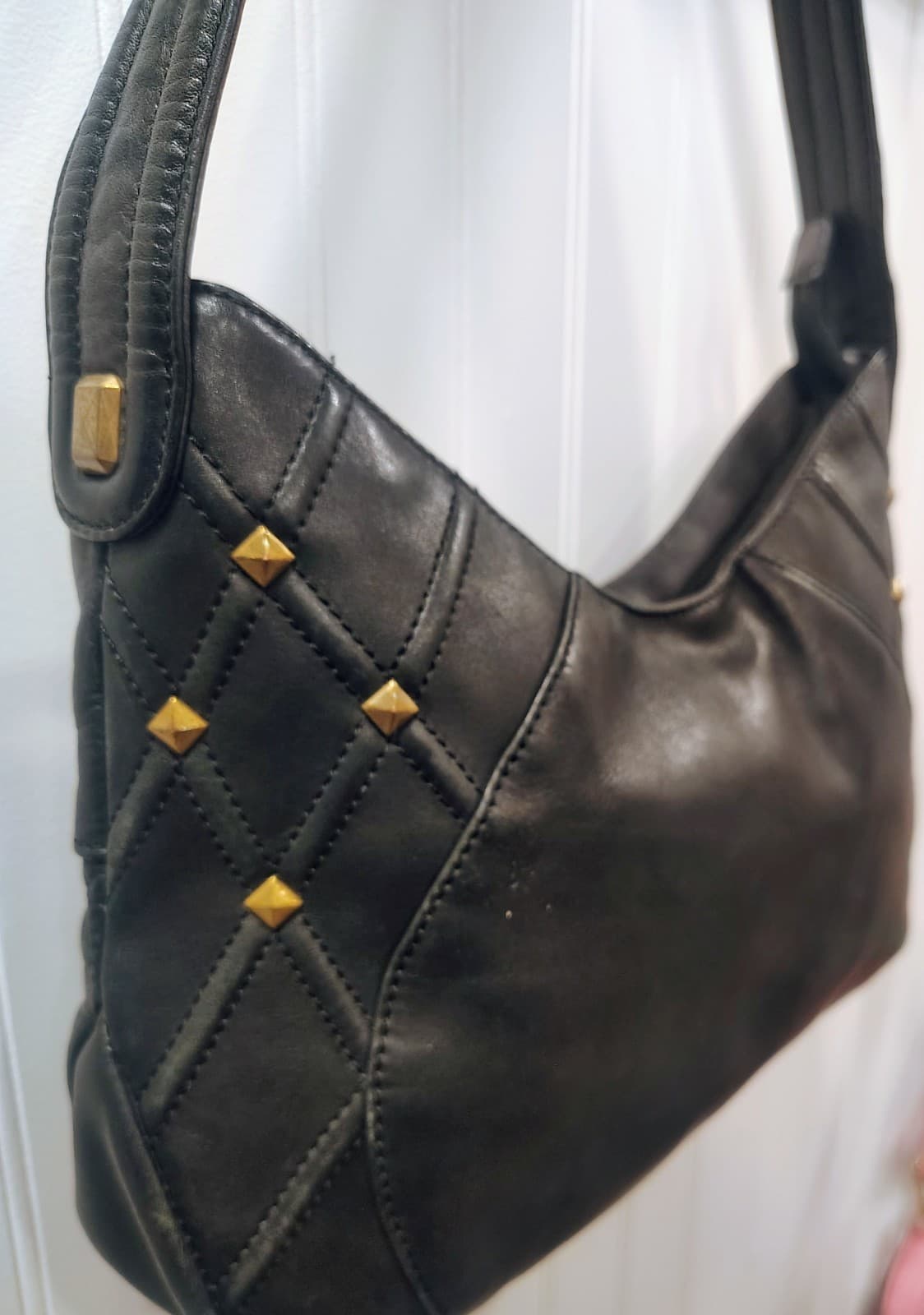 Stone Mountain Black Leather Hobo Shoulder Bag, Butterfly Logo, Studded, EUC - Thumbnail 13
