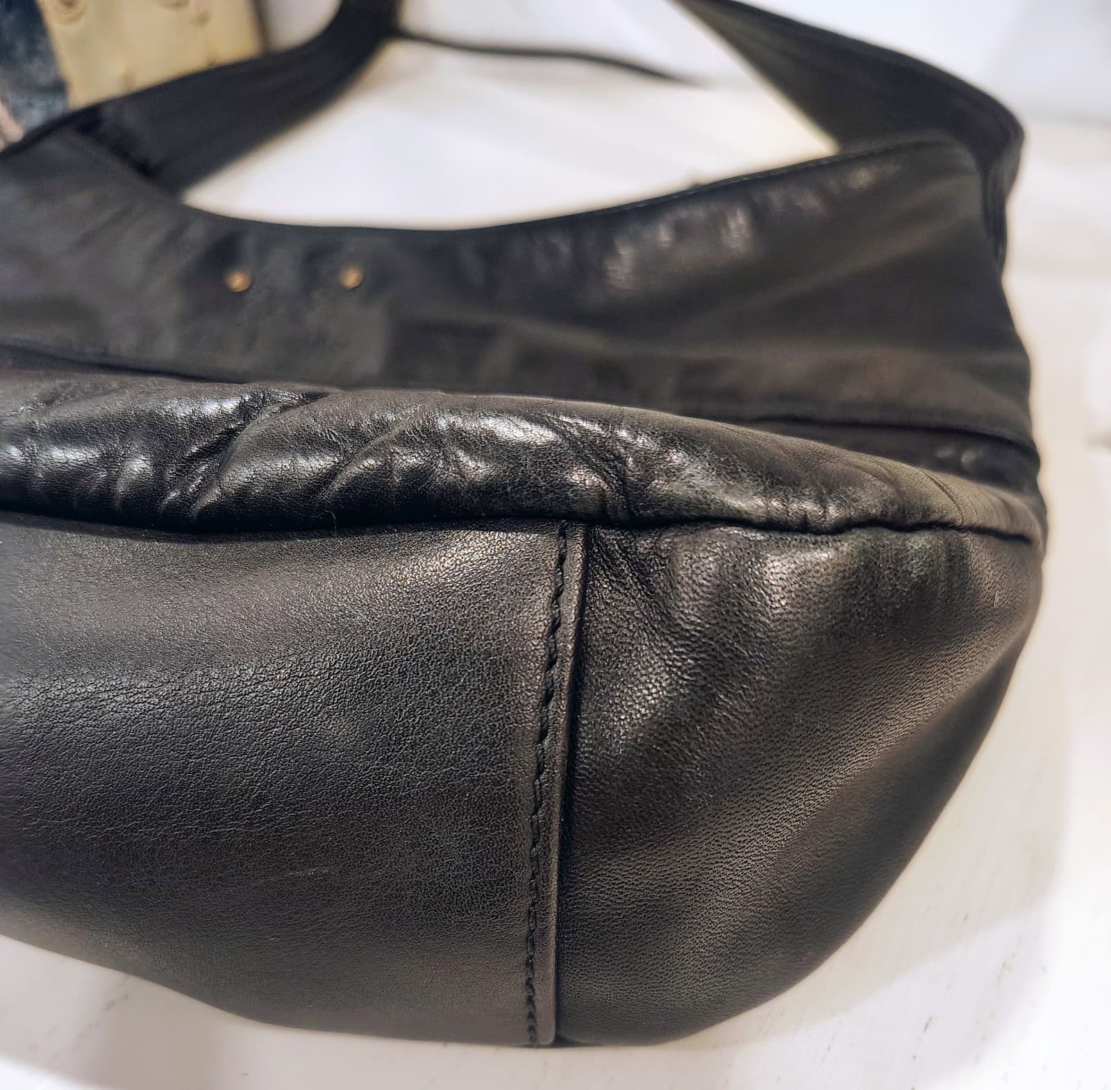 Stone Mountain Black Leather Hobo Shoulder Bag, Butterfly Logo, Studded, EUC - Thumbnail 6