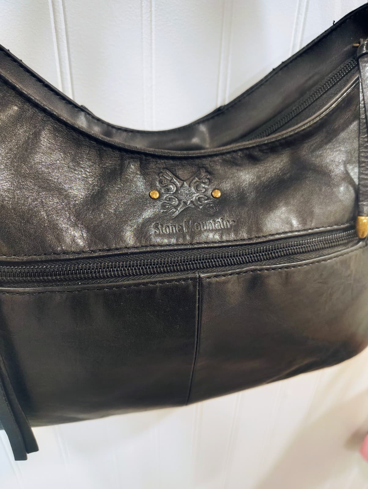 Stone Mountain Black Leather Hobo Shoulder Bag, Butterfly Logo, Studded, EUC - Thumbnail 17
