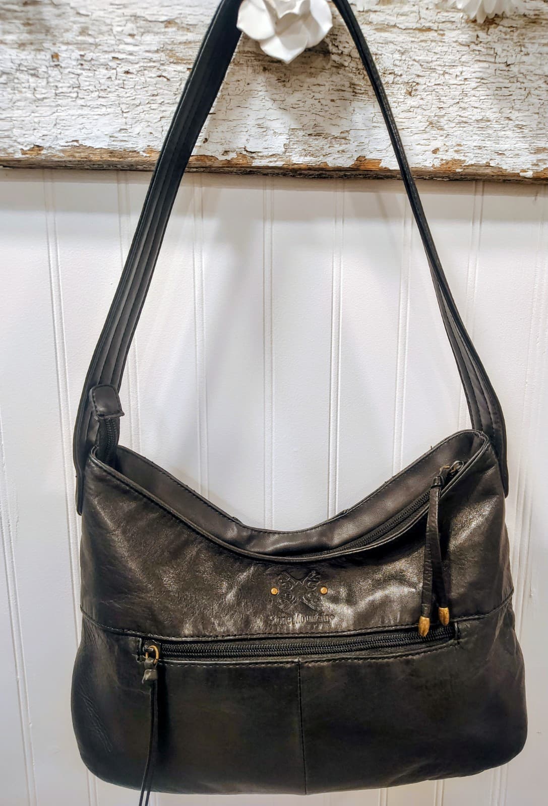 Stone Mountain Black Leather Hobo Shoulder Bag, Butterfly Logo, Studded, EUC - Thumbnail 2