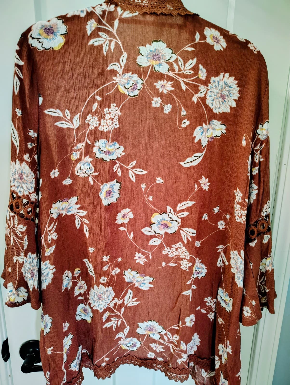 Maurices Open Cardigan Rust Orange Floral Crochet EUC - Thumbnail 5