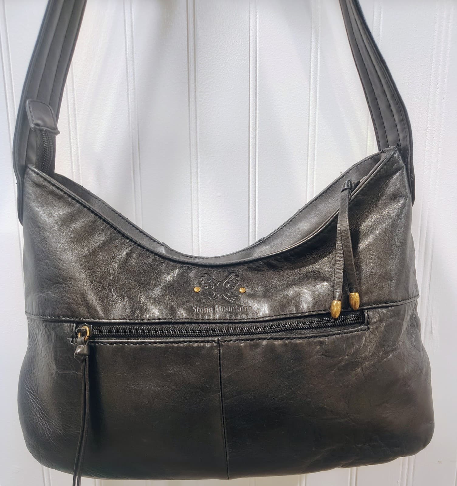 Stone Mountain Black Leather Hobo Shoulder Bag, Butterfly Logo, Studded, EUC - Thumbnail 3