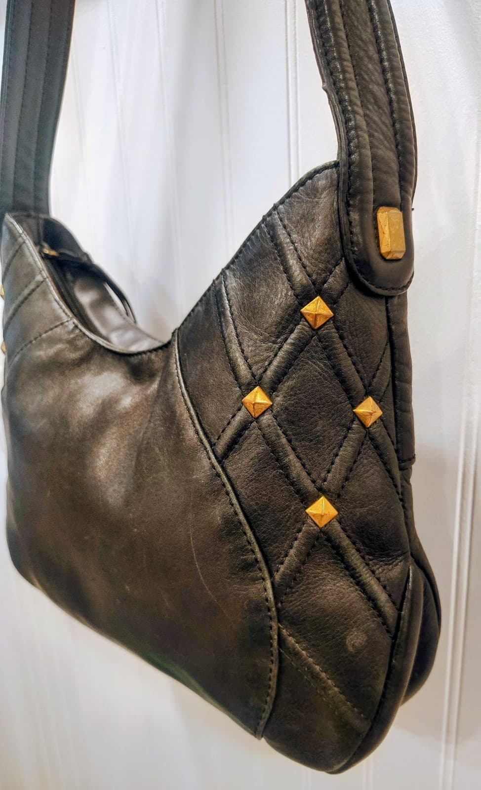 Stone Mountain Black Leather Hobo Shoulder Bag, Butterfly Logo, Studded, EUC - Thumbnail 14