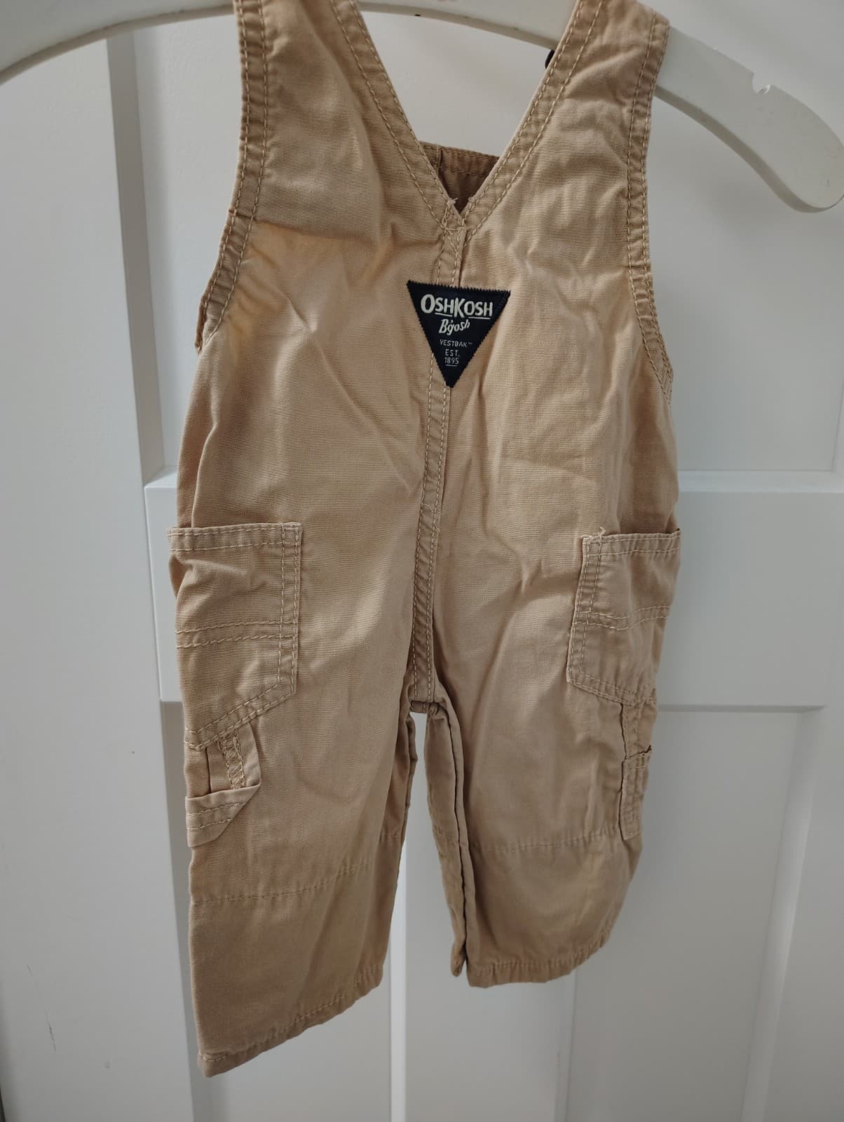 OshKosh B'gosh Baby Boy Vestbak Tan Canvas Overalls Khaki Bib Pockets Snap 3mo - Thumbnail 5