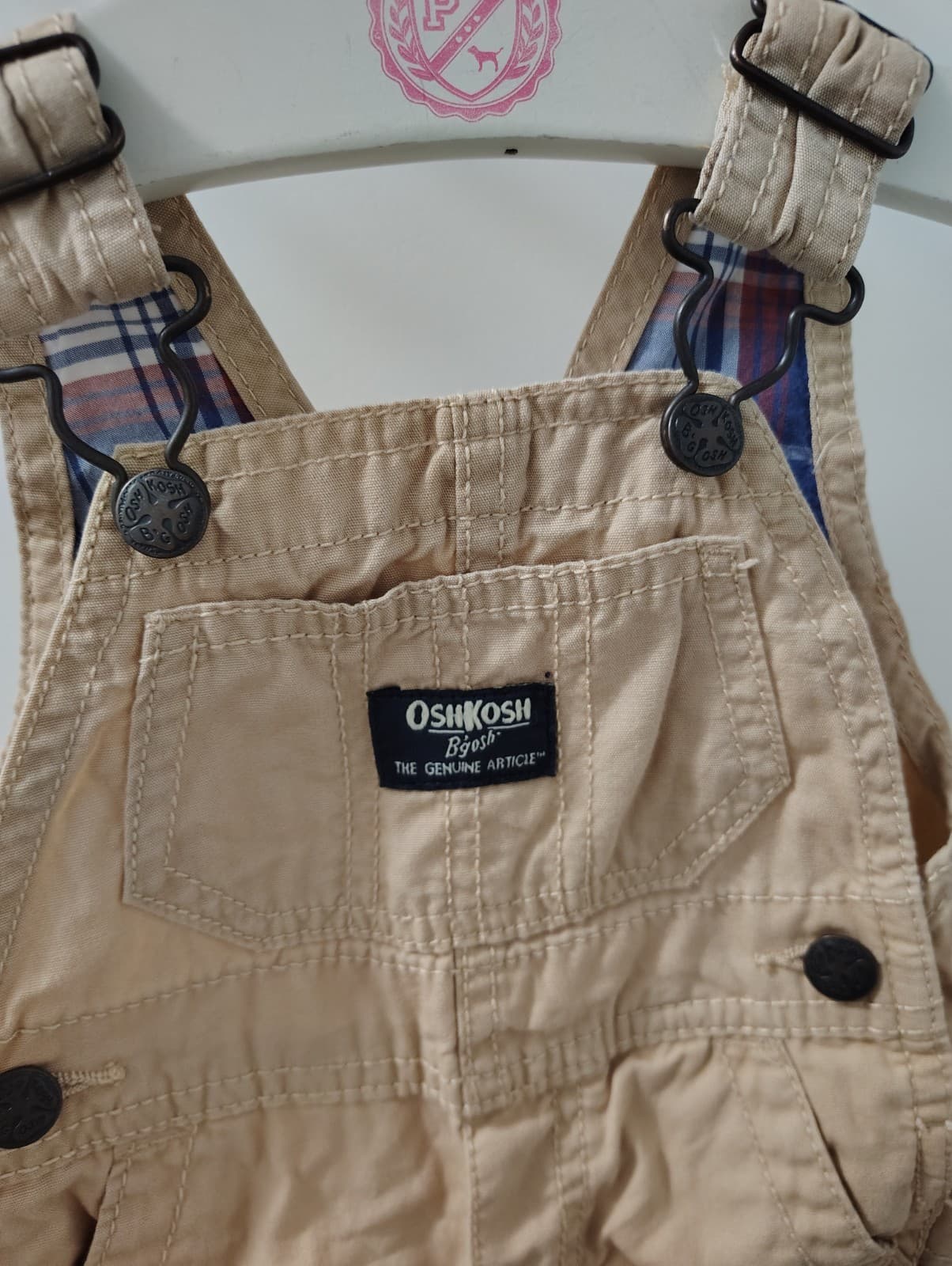 OshKosh B'gosh Baby Boy Vestbak Tan Canvas Overalls Khaki Bib Pockets Snap 3mo - Thumbnail 2
