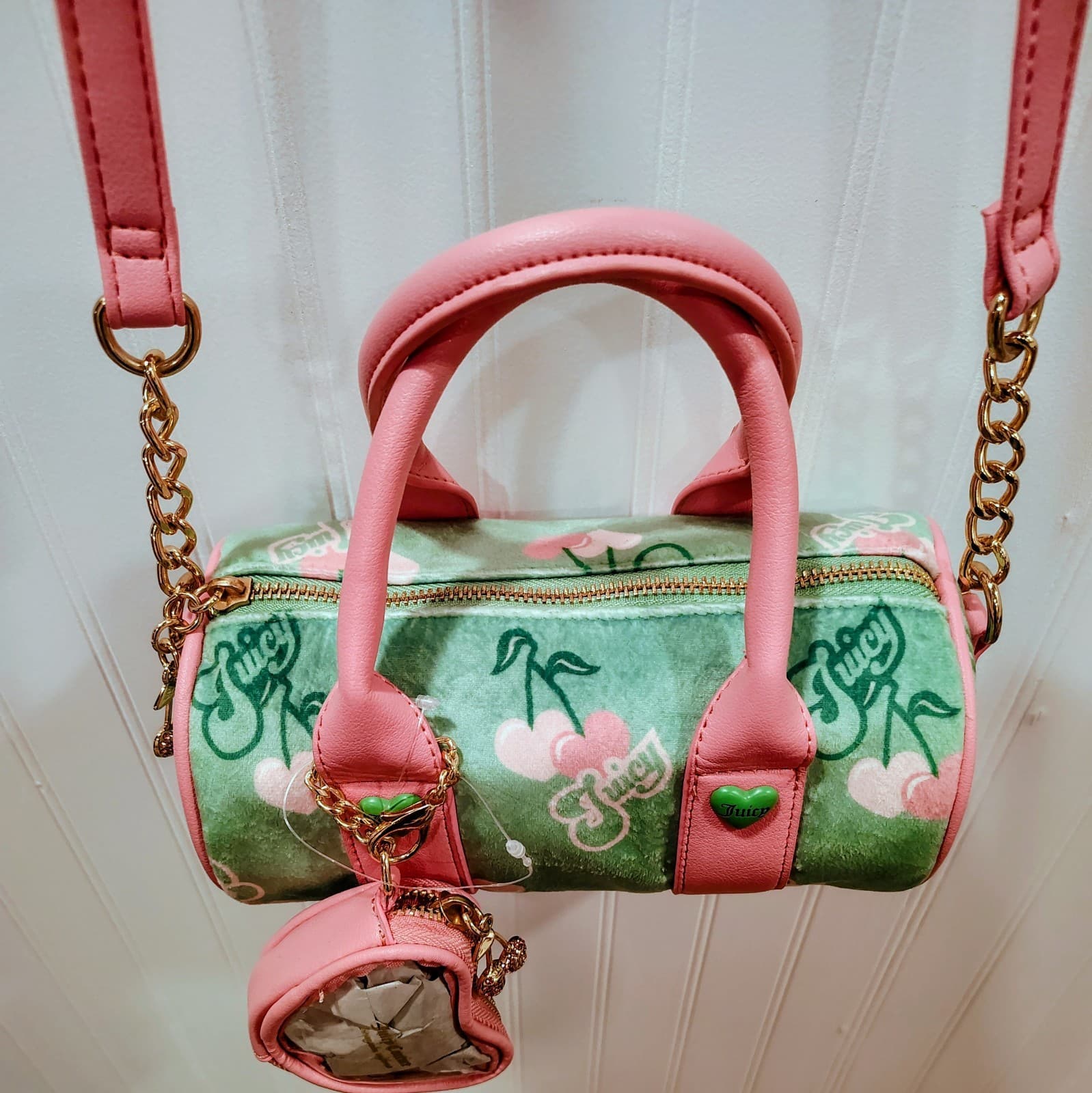 Juicy Couture Retro Cherry Mini Barrel Handbag Crossbody Green Pink NWOT $99 - Thumbnail 2