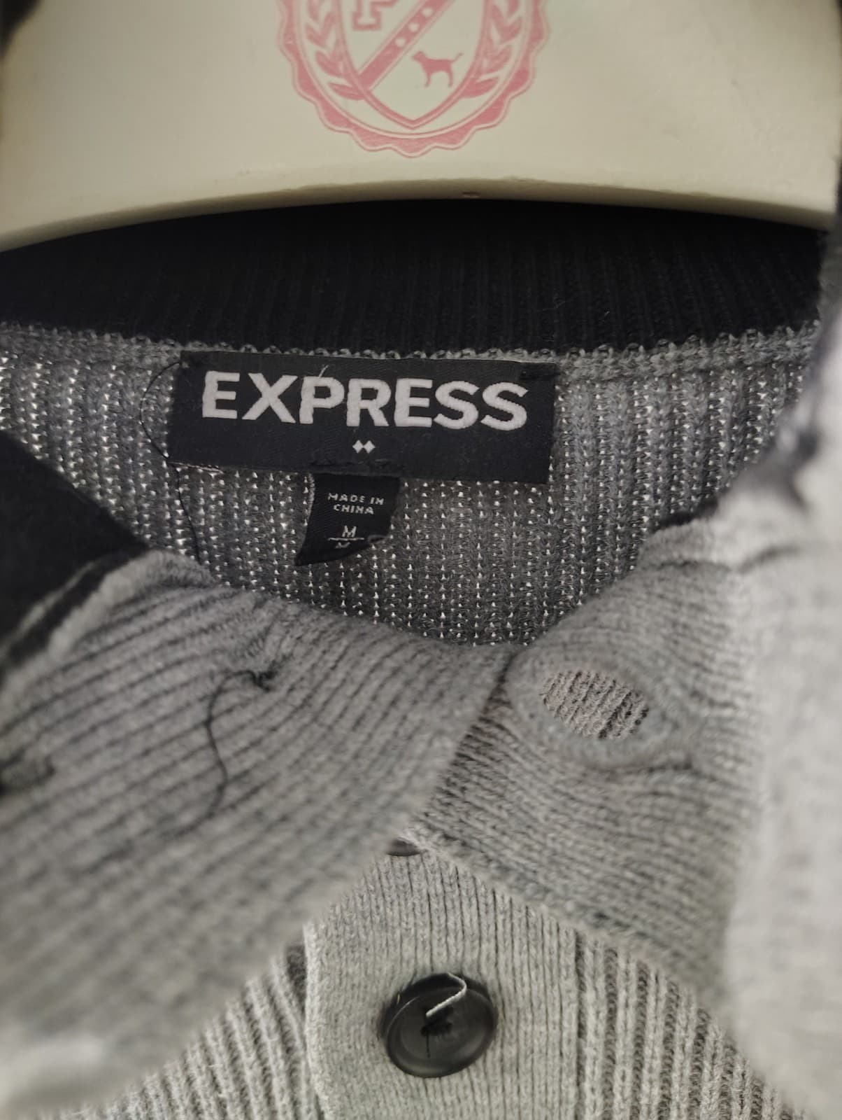 Express Mens Light Gray Button-Front Sweater Collared Knit Pullover Sz M - Thumbnail 3