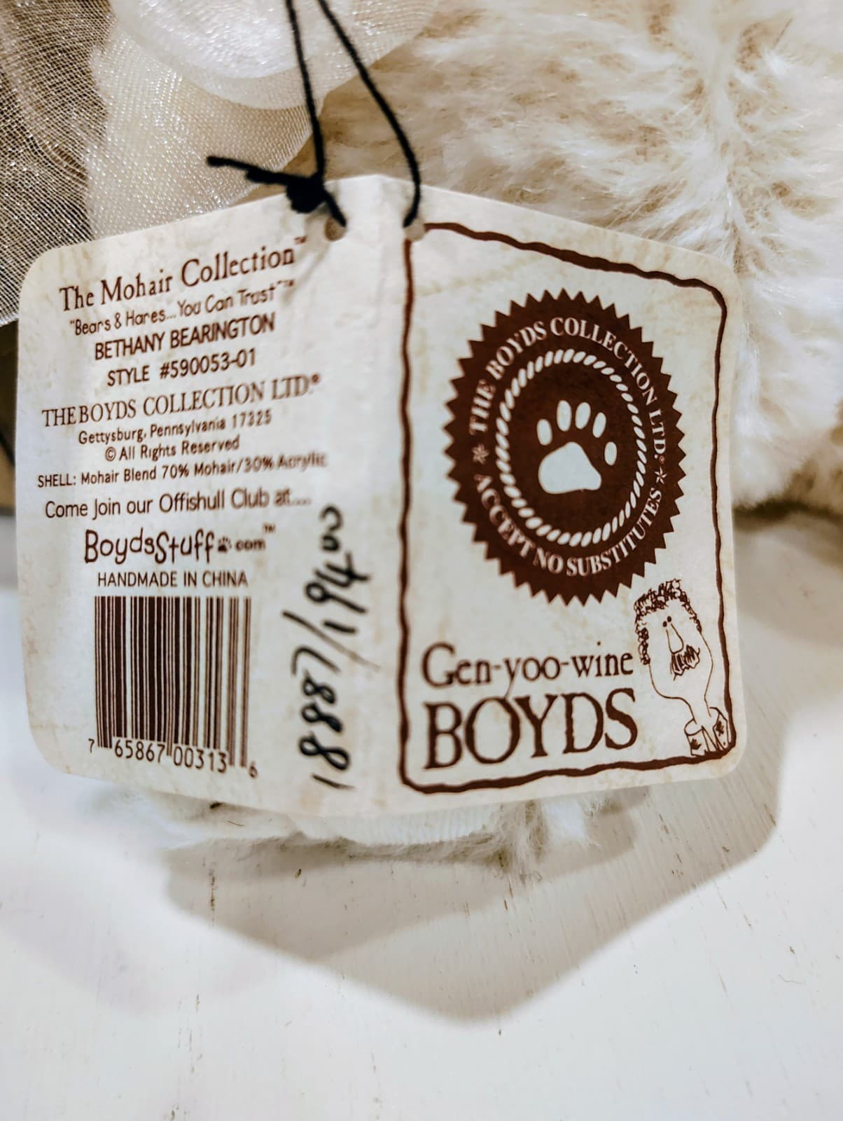 Boyds Bears Vanessa R. Angel, Gold Star Bow White Teddy Bear, Tag, Box, Retired - Thumbnail 5