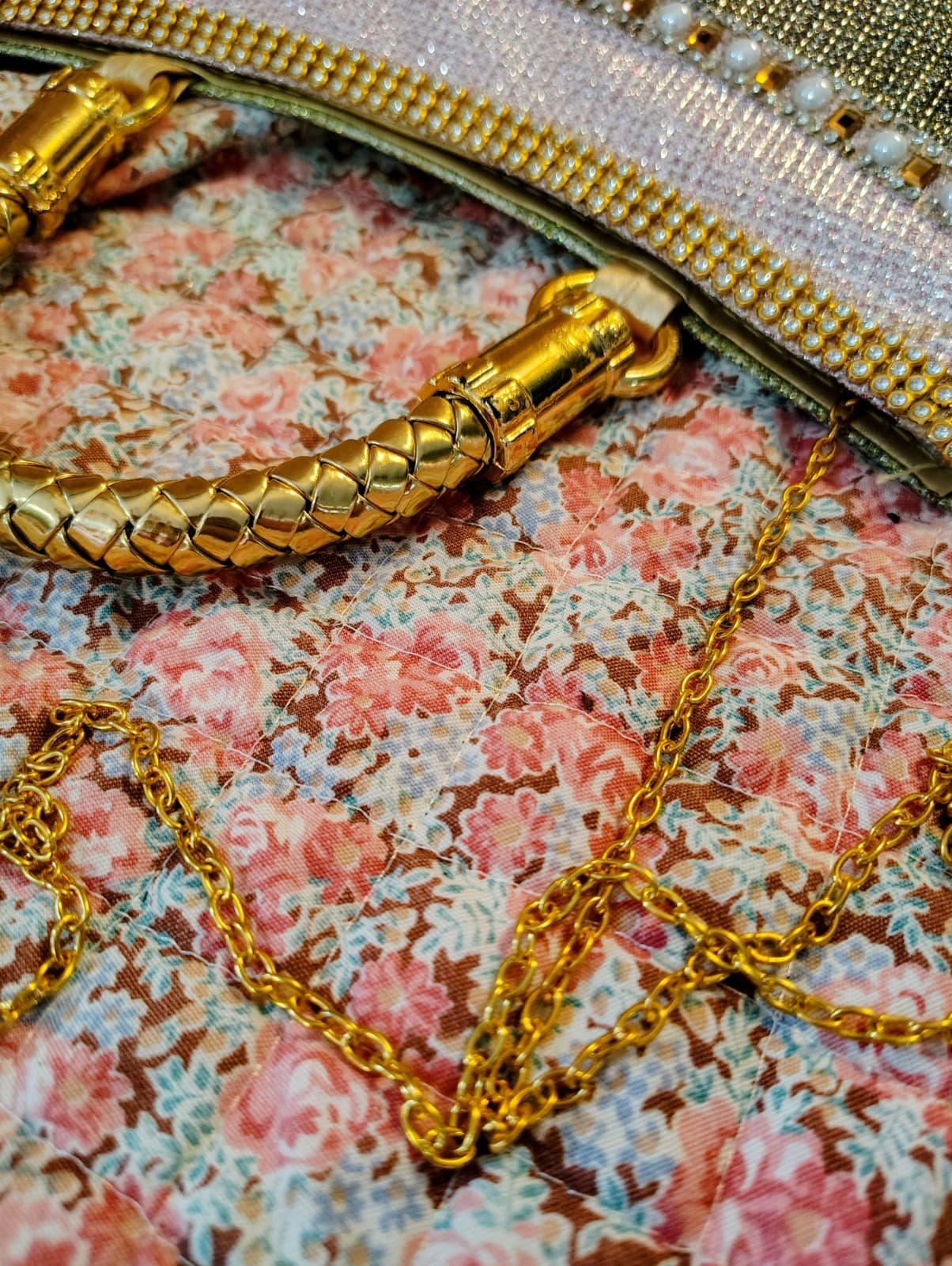 Gold Embellished Pearl Evening Handbag, Removable Gold Shoulder Strap NWOT - Thumbnail 8