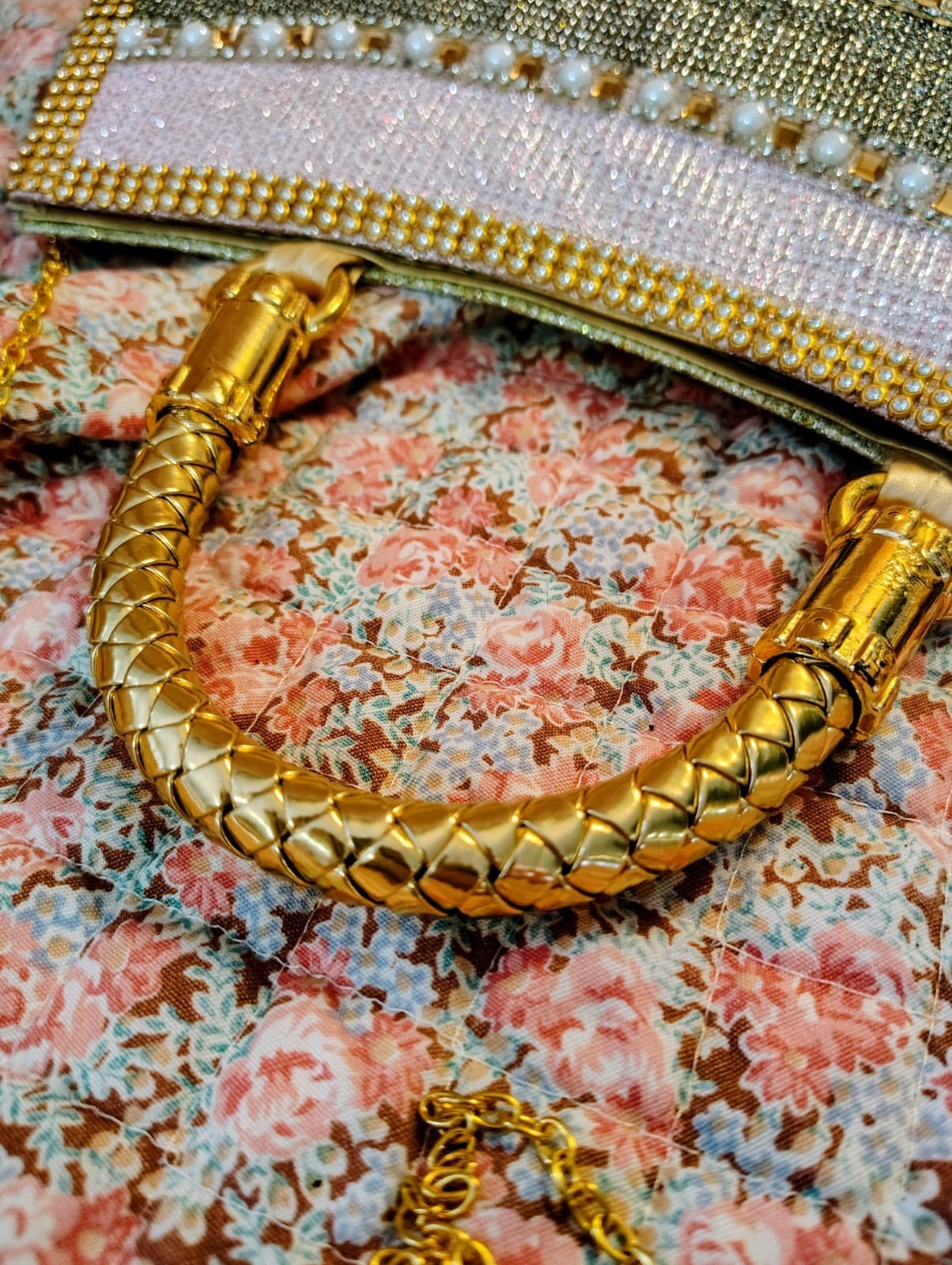 Gold Embellished Pearl Evening Handbag, Removable Gold Shoulder Strap NWOT - Thumbnail 9