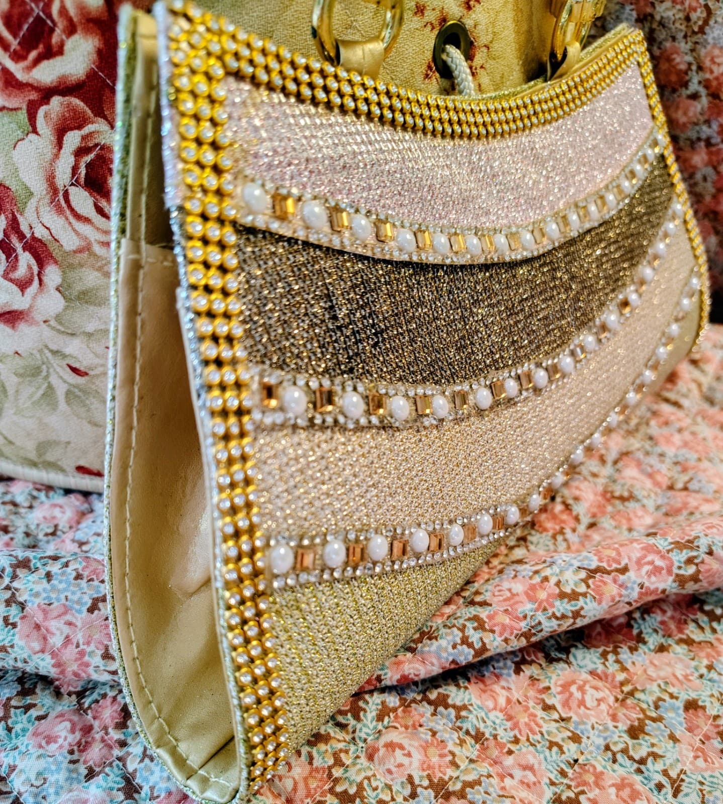 Gold Embellished Pearl Evening Handbag, Removable Gold Shoulder Strap NWOT - Thumbnail 3