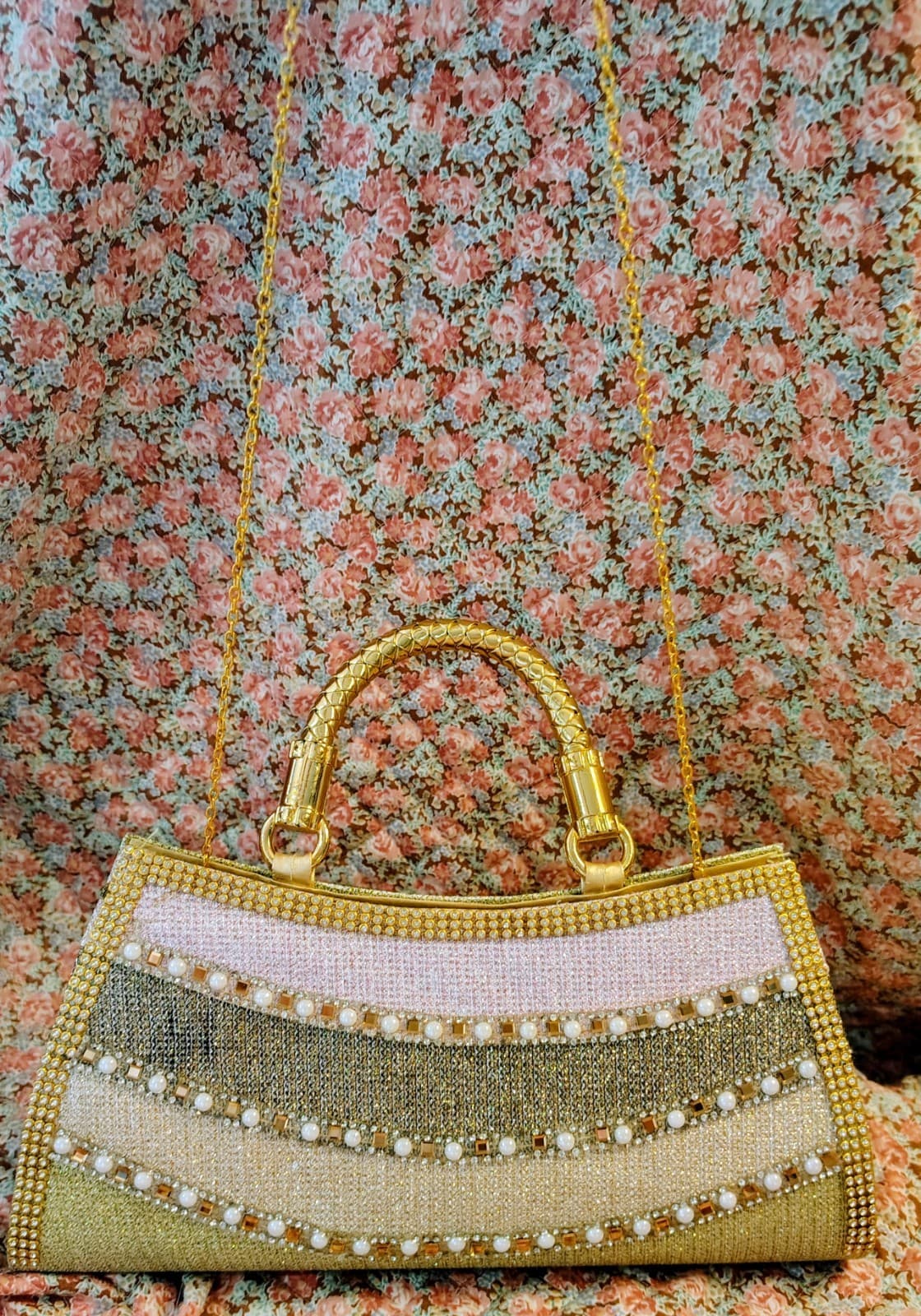 Gold Embellished Pearl Evening Handbag, Removable Gold Shoulder Strap NWOT - Thumbnail 7