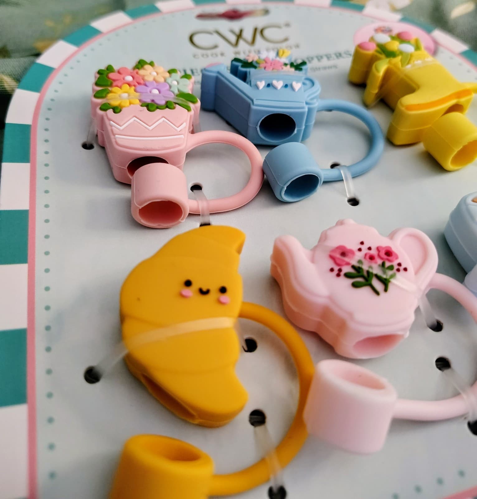 NWT Cook With Color Silicone Straw Toppers Tea Party - Thumbnail 3