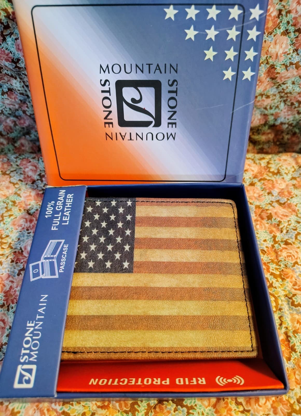 NWT Stone Mountain Men's Full Grain Leather Wallet USA Flag, MSRP $35 - Thumbnail 2