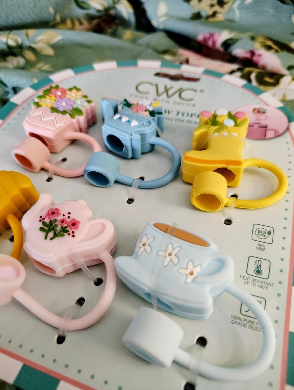 NWT Cook With Color Silicone Straw Toppers Tea Party - Thumbnail 4