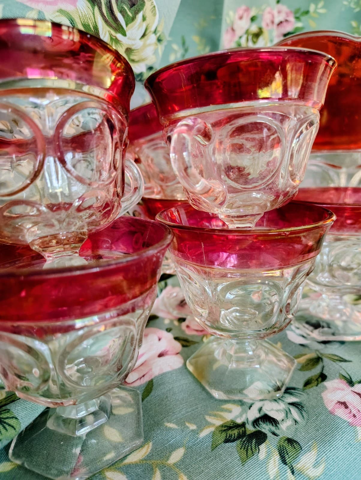 Vintage 1960s Indiana Glass Company Cranberry Red Glass Bowl, 11 Glasses, Set - Thumbnail 4