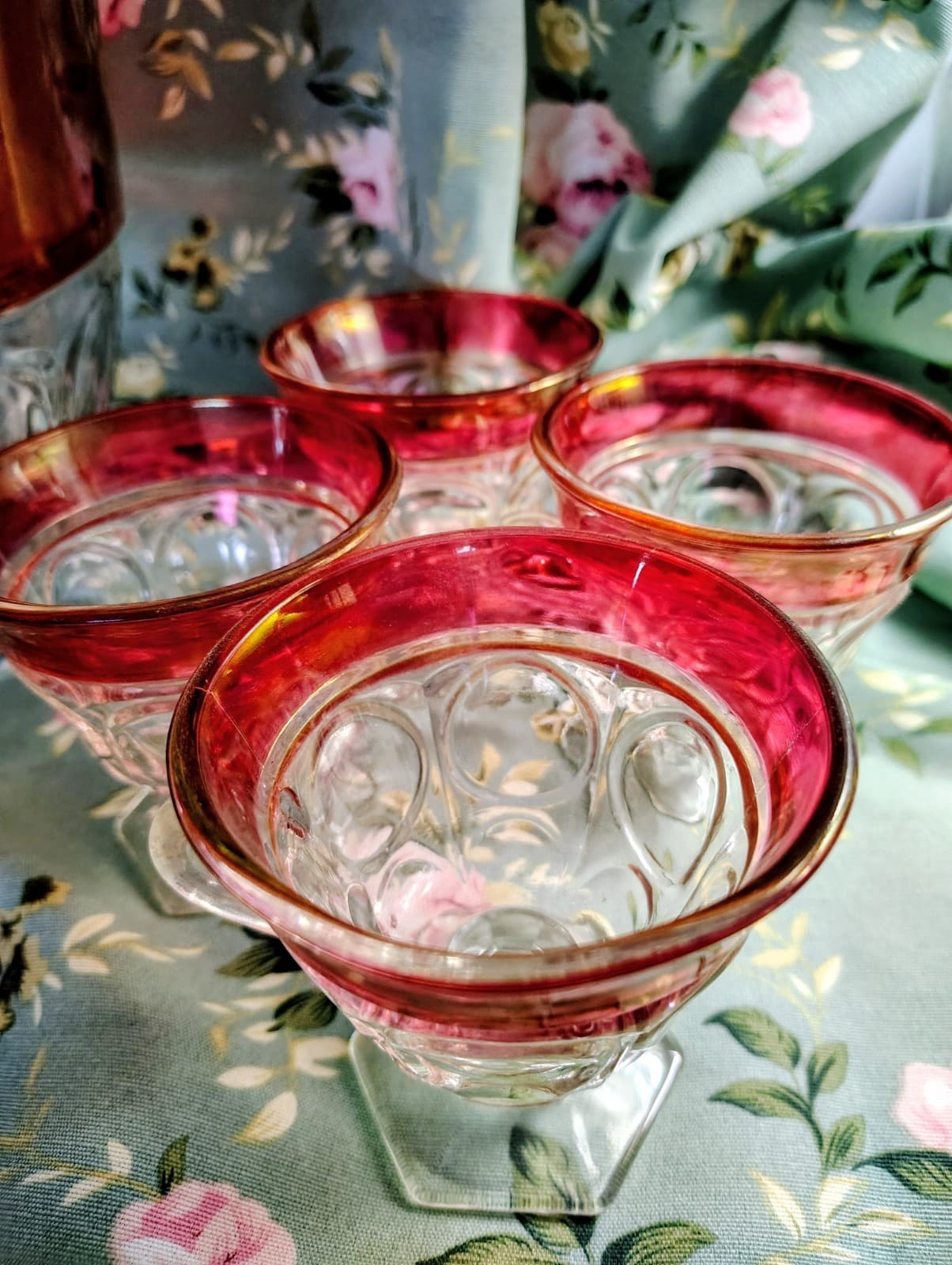 Vintage 1960s Indiana Glass Company Cranberry Red Glass Bowl, 11 Glasses, Set - Thumbnail 3
