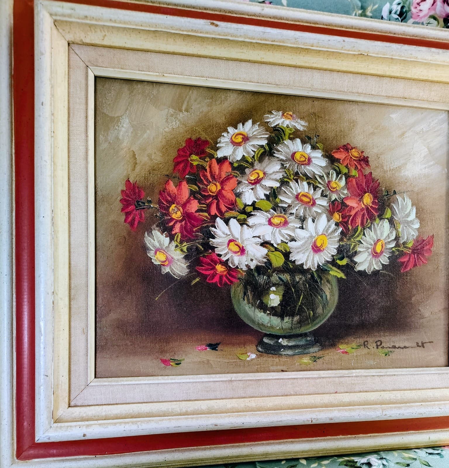 ROY PASANAULT ORIGINAL OIL ON CANVAS RED FLORAL Framed - Thumbnail 2