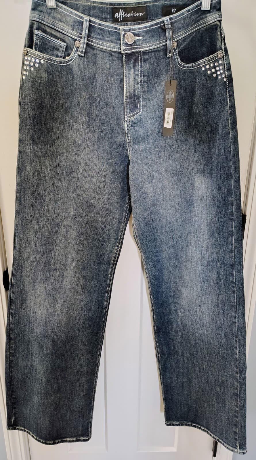 NWT Affliction Wide Leg Denim Jeans Rhinestones Size 27, MSRP $99 - Thumbnail 6