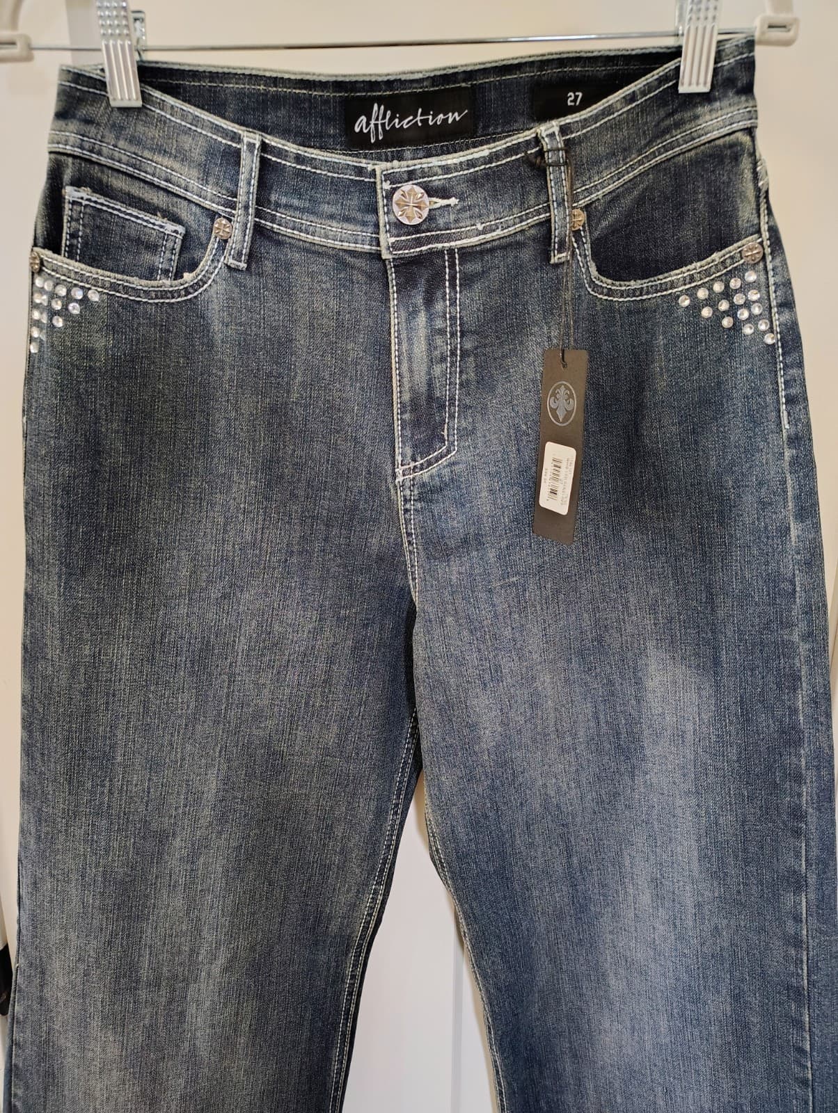NWT Affliction Wide Leg Denim Jeans Rhinestones Size 27, MSRP $99 - Thumbnail 3