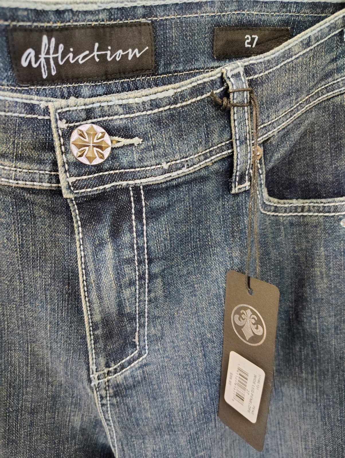 NWT Affliction Wide Leg Denim Jeans Rhinestones Size 27, MSRP $99 - Thumbnail 4