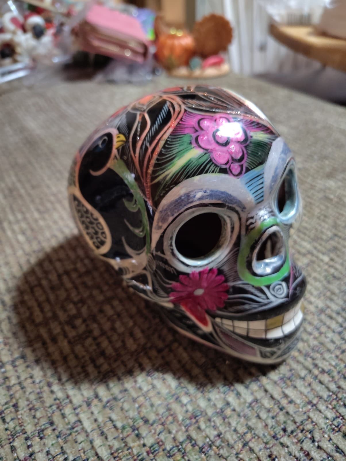 Day of the Dead Medium Black Painted Skull with Fruits - Mexico - Thumbnail 3