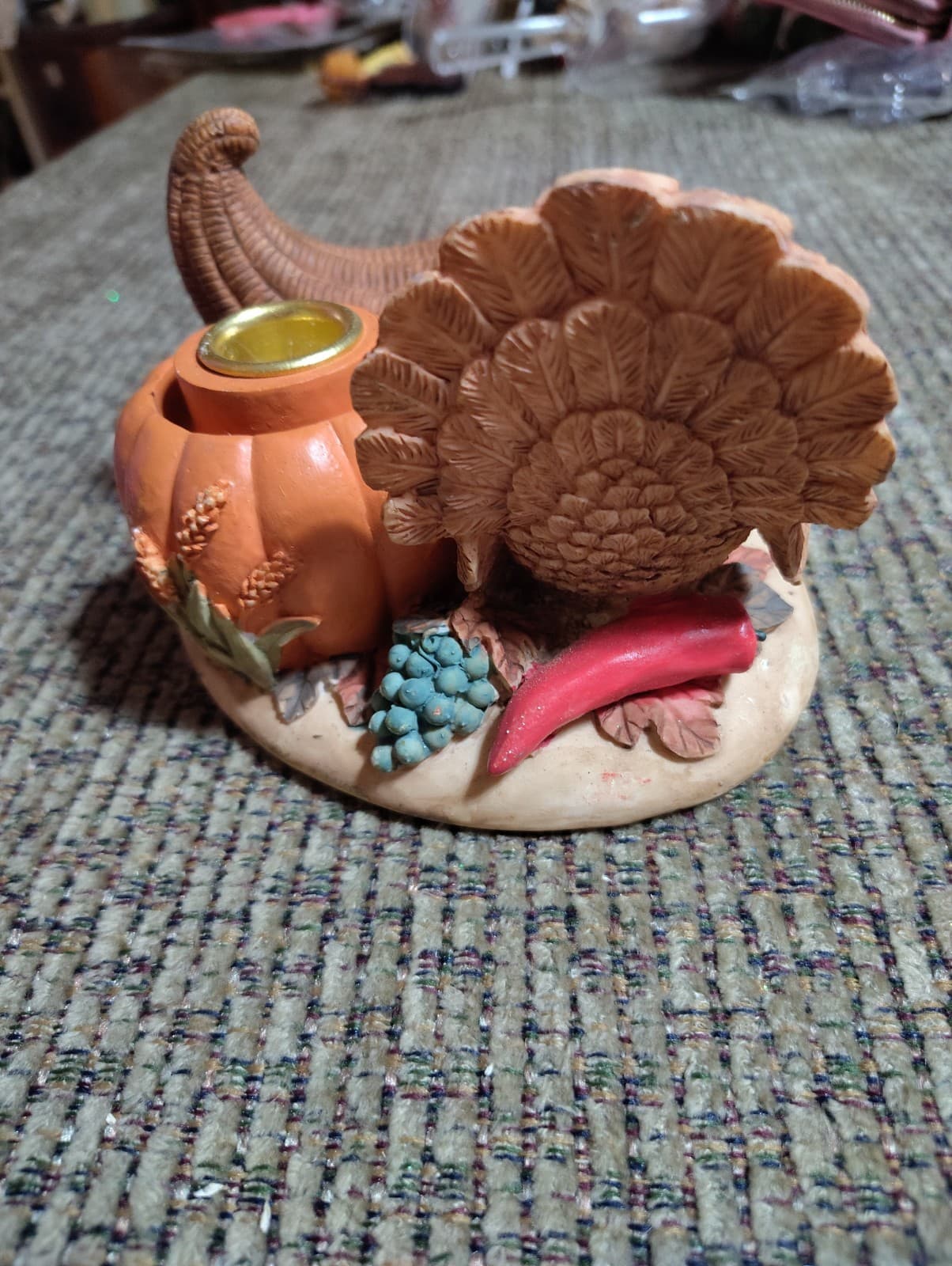 Thanksgiving Candle Holder Turkey Cornucopia Ceramic Figure 3x4in Clean - Thumbnail 3