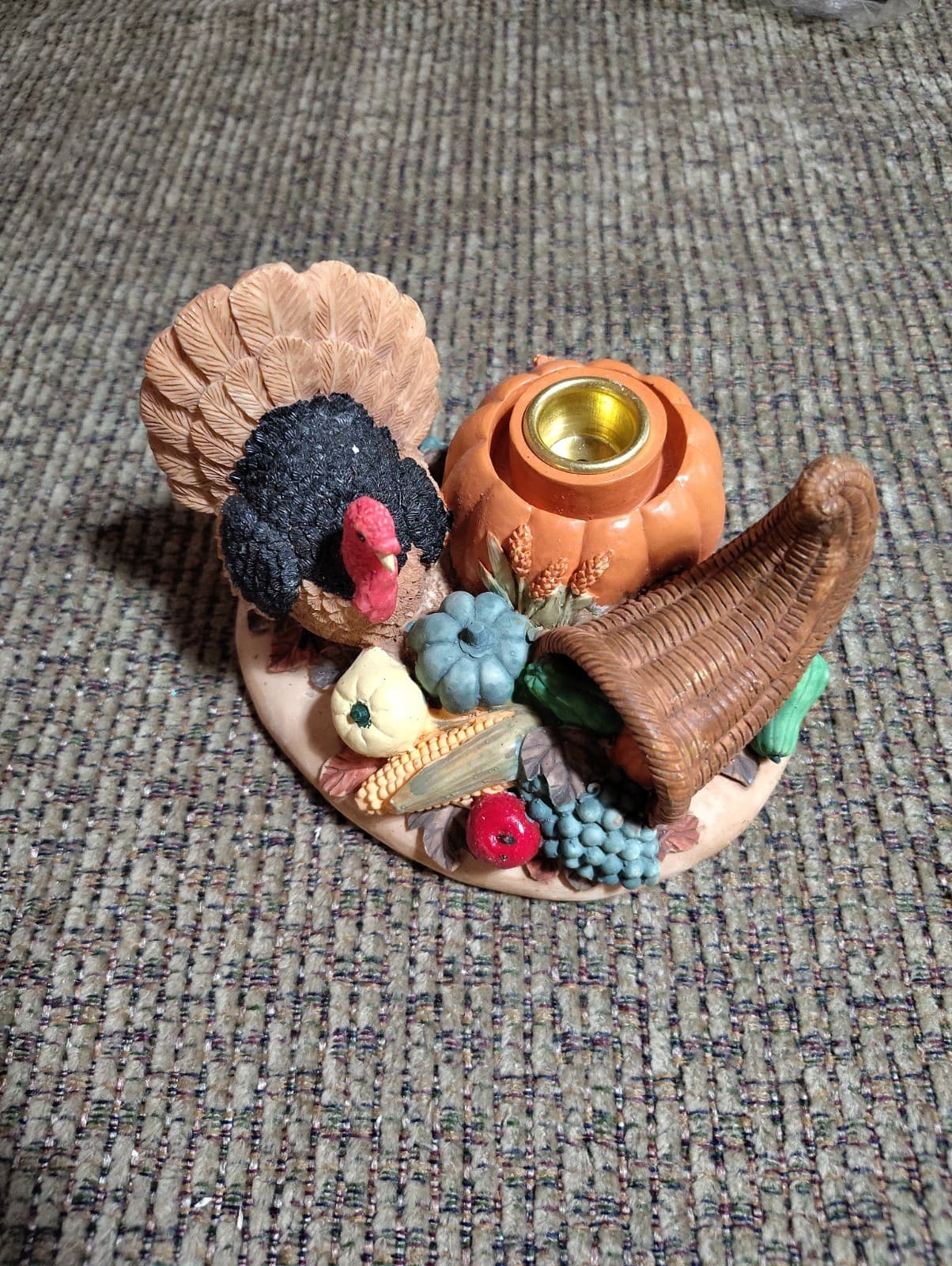 Thanksgiving Candle Holder Turkey Cornucopia Ceramic Figure 3x4in Clean
