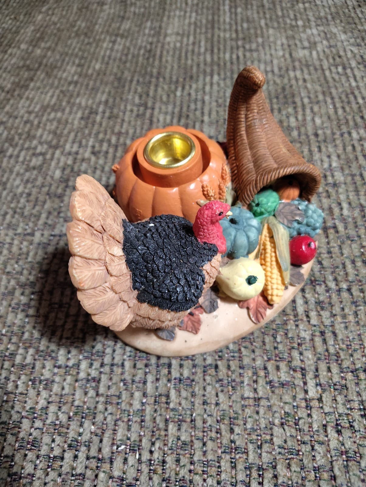 Thanksgiving Candle Holder Turkey Cornucopia Ceramic Figure 3x4in Clean - Thumbnail 2