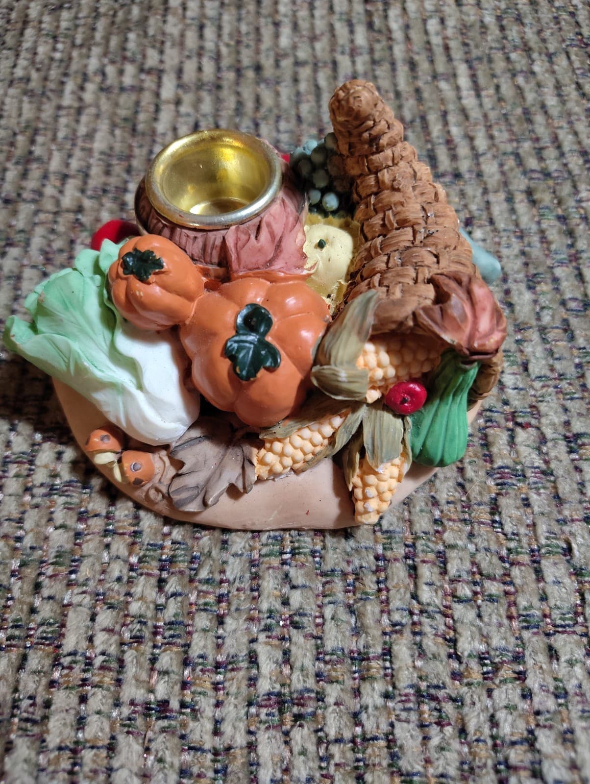 Vintage Harvest Candle Holder Thanksgiving Pumpkins Lettuce Cornucopia