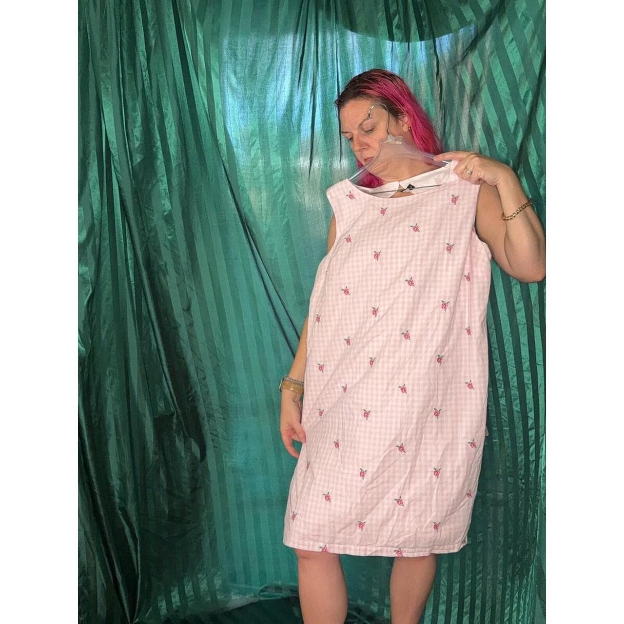 Kim Rogers Pink Gingham Shift Dress XL Rose Embroidery - Thumbnail 6