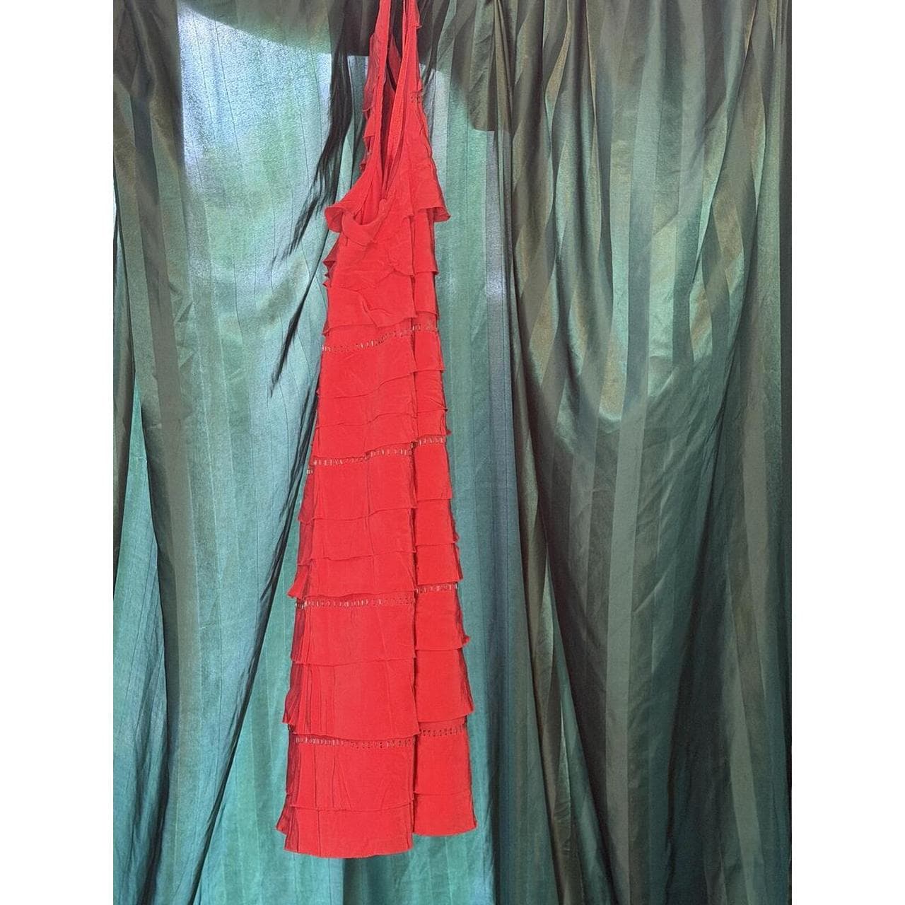 BCBGMAXAZRIA 100% Silk Red Ruffled Dress Sheer Tiered Dress - Thumbnail 3