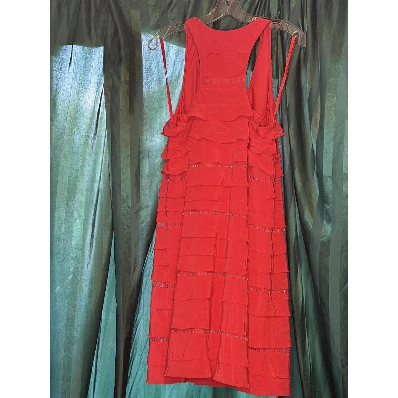 BCBGMAXAZRIA 100% Silk Red Ruffled Dress Sheer Tiered Dress - Thumbnail 2