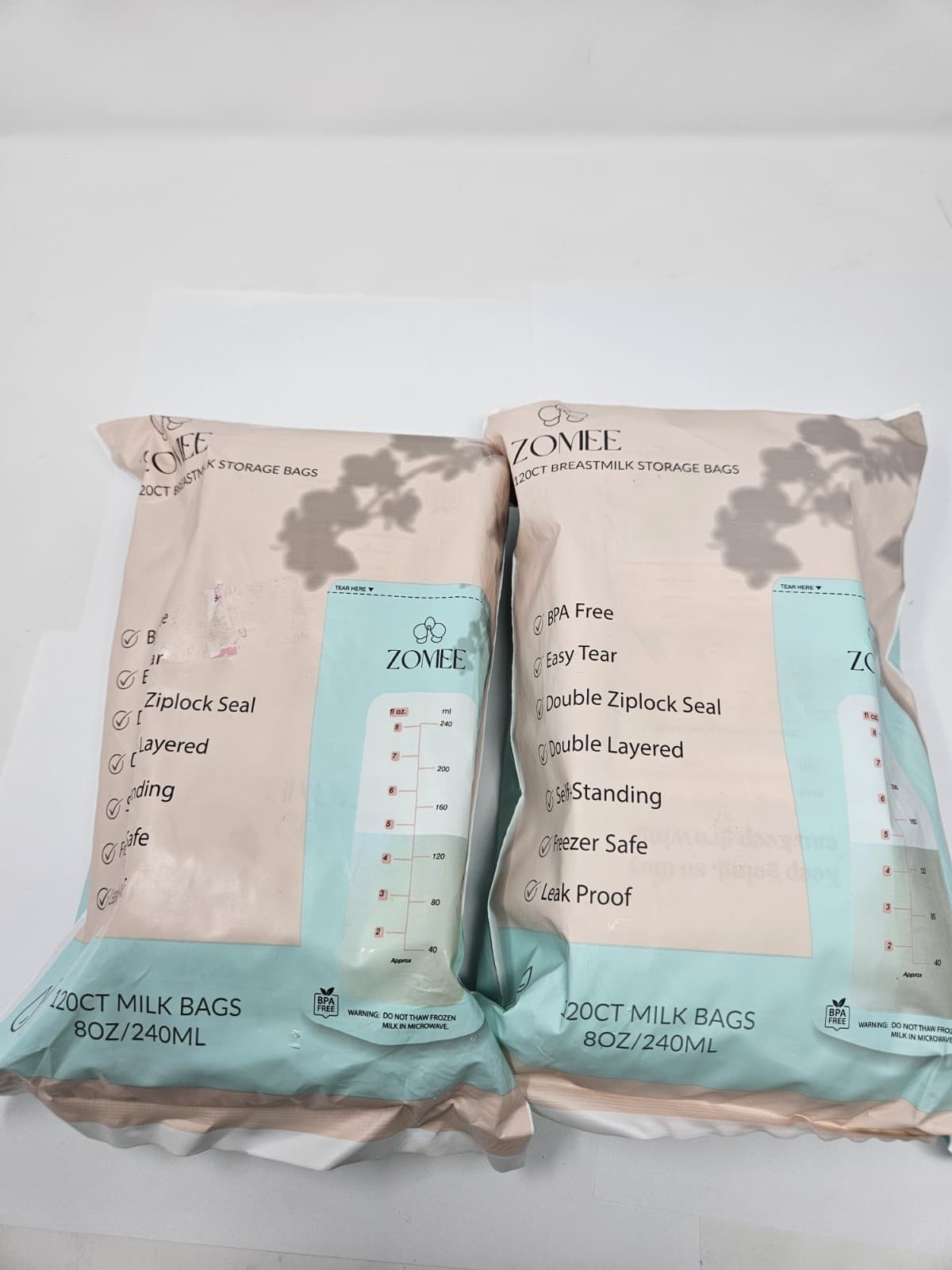 ZOMEE 100 Count 8OZ/240ML Freezer Safe Double Ziplock BREASTMILK STORAGE BAGS(2)