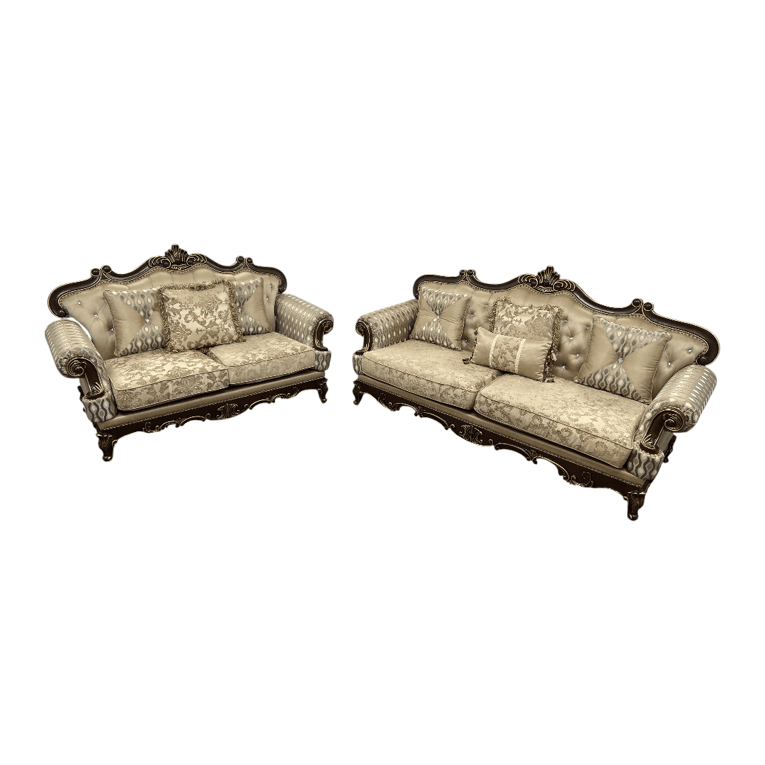 Fleur De Lis Living 2pc Set Shonta Traditional Chenille & Silk-like Fabric Sofa with Faux Crystal Tufted Design, Elegant Nailhead Trim, Cherry & Gold Finish - Thumbnail 3