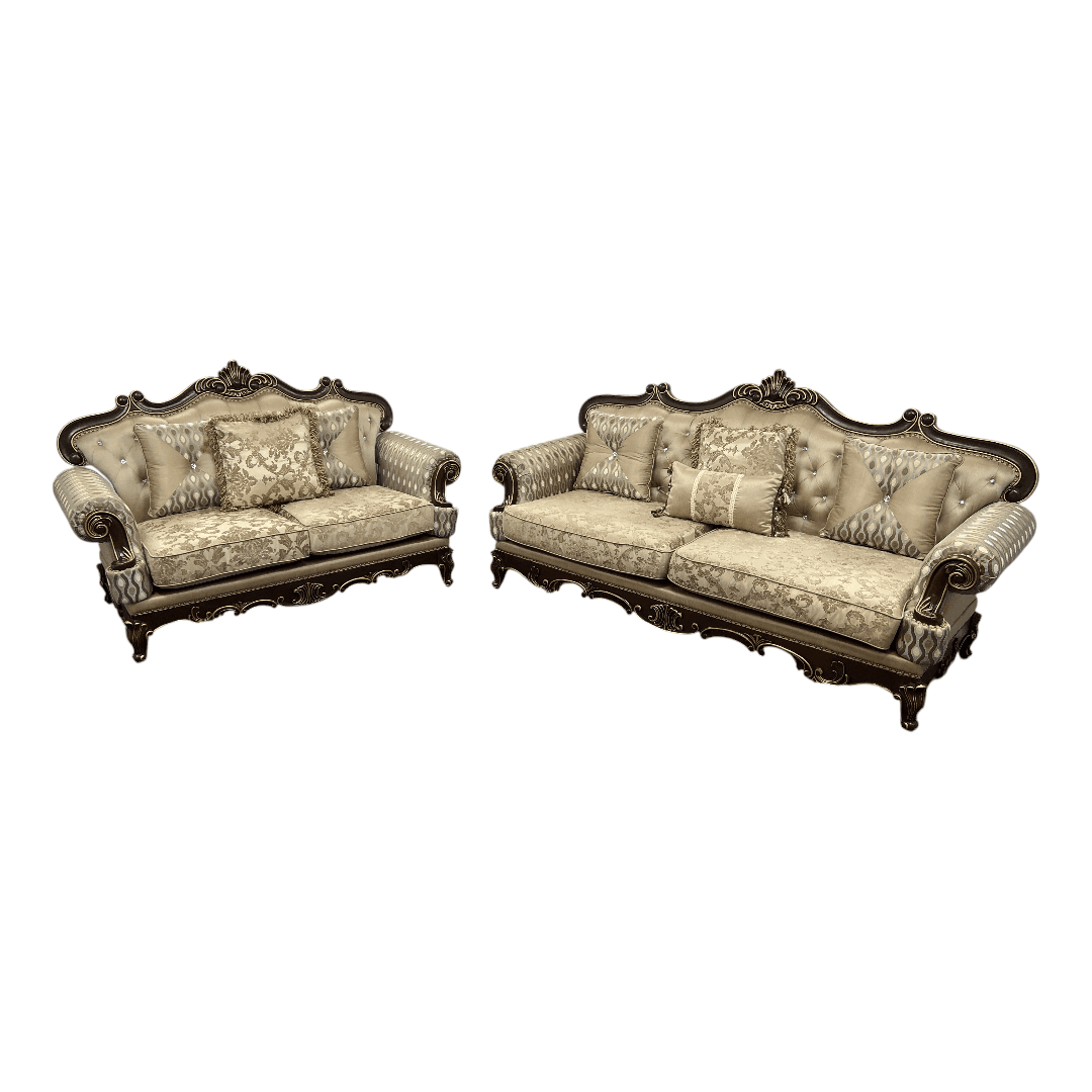 Fleur De Lis Living 2pc Set Shonta Traditional Chenille & Silk-like Fabric Sofa with Faux Crystal Tufted Design, Elegant Nailhead Trim, Cherry & Gold Finish - Thumbnail 2